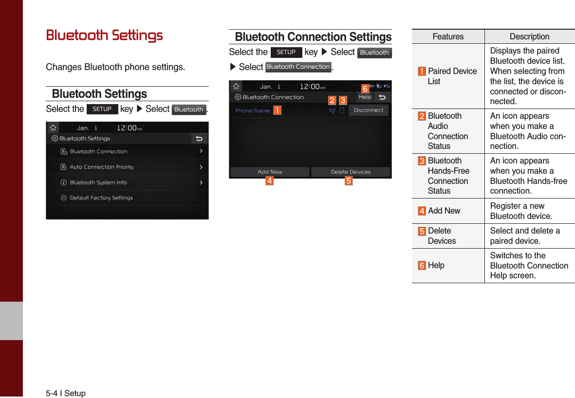 5-4 I SetupBluetooth SettingsChanges Bluetooth phone settings.Bluetooth SettingsSelect the SETUP key ▶ Select Bluetooth. Bluetooth Connection SettingsSelect the SETUP key ▶ Select Bluetooth ▶ Select Bluetooth Connection.Features Description  Paired Device ListDisplays the paired Bluetooth device list. When selecting from the list, the device is connected or discon-nected.  Bluetooth Audio Connection StatusAn icon appears when you make a Bluetooth Audio con-nection.  Bluetooth Hands-Free Connection StatusAn icon appears when you make a Bluetooth Hands-free connection. Add New Register a new Bluetooth device.  Delete DevicesSelect and delete a paired device. HelpSwitches to the Bluetooth Connection Help screen.