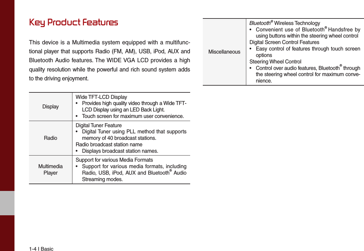 1-4 I BasicKey Product FeaturesThis device is a Multimedia system equipped with a multifunc-tional player that supports Radio (FM, AM), USB, iPod, AUX and Bluetooth Audio features. The WIDE VGA LCD provides a high quality resolution while the powerful and rich sound system adds to the driving enjoyment.DisplayWide TFT-LCD Display•  Provides high quality video through a Wide TFT-LCD Display using an LED Back Light.•  Touch screen for maximum user convenience.RadioDigital Tuner Feature•  Digital Tuner using PLL method that supports memory of 40 broadcast stations.Radio broadcast station name•  Displays broadcast station names.MultimediaPlayerSupport for various Media Formats•  Support for various media formats, including Radio, USB, iPod, AUX and Bluetooth® Audio Streaming modes. MiscellaneousBluetooth® Wireless Technology•  Convenient use of Bluetooth® Handsfree by using buttons within the steering wheel controlDigital Screen Control Features•  Easy control of features through touch screen optionsSteering Wheel Control•  Control over audio features, Bluetooth® through the steering wheel control for maximum conve-nience.