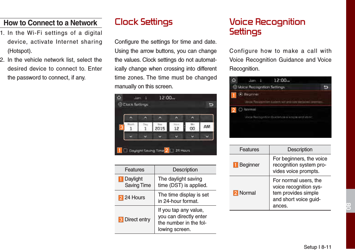 Setup I 8-11How to Connect to a Network1.  In the Wi-Fi settings of a digital device, activate Internet sharing (Hotspot).2.   In the vehicle network list, select the desired device to connect to. Enter the password to connect, if any.&amp;ORFN6HWWLQJVConfigure the settings for time and date.Using the arrow buttons, you can change the values. Clock settings do not automat-ically change when crossing into different time zones. The time must be changed manually on this screen.Features Description Daylight     Saving TimeThe daylight saving time (DST) is applied.  24 Hours The time display is set in 24-hour format.  Direct entryIf you tap any value, you can directly enter the number in the fol-lowing screen.9RLFH5HFRJQLWLRQ6HWWLQJVConfigure how to make a call with Voice Recognition Guidance and Voice Recognition.Features Description  BeginnerFor beginners, the voicerecognition system pro-vides voice prompts.  NormalFor normal users, the voice recognition sys-tem provides simple and short voice guid-ances.