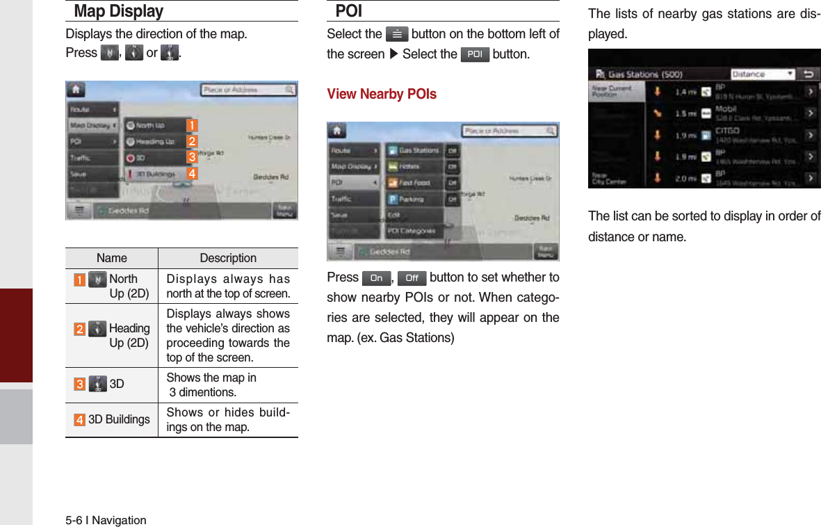 5-6 I NavigationMap DisplayDisplays the direction of the map.Press  ,   or  .Name Description    North  Up (2D)Displays always has north at the top of screen.   Heading  Up (2D) Displays always shows the vehicle’s direction as proceeding towards the top of the screen.   3D Shows the map in  3 dimentions. 3D BuildingsShows or hides build-ings on the map.POISelect the   button on the bottom left of the screen ԡ Select the 32, button.View Nearby POIsPress 2Q, 2II button to set whether to show nearby POIs or not. When catego-ries are selected, they will appear on the map. (ex. Gas Stations)The lists of nearby gas stations are dis-played. The list can be sorted to display in order of distance or name.K_QL 16_G4.0[USA_EU]AVN_PART5.indd   5-6 2016-06-29   오후 4:02:53