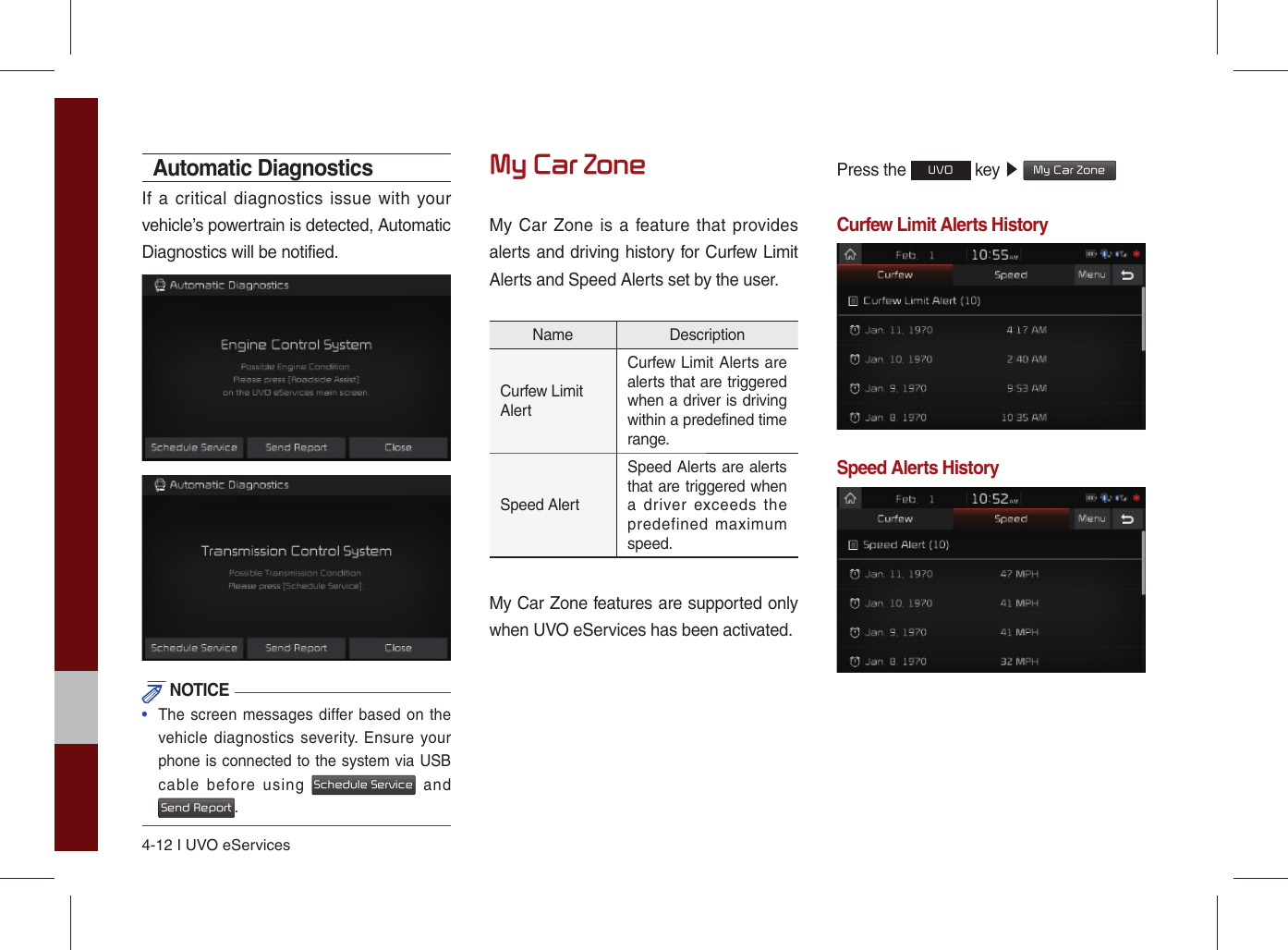 4-12 I UVO eServicesAutomatic DiagnosticsIf a critical diagnostics issue with your vehicle’s powertrain is detected, Automatic Diagnostics will be notified. NOTICE•  The screen messages differ based on thevehicle diagnostics severity. Ensure yourphone is connected to the system via USBcable before using Schedule Service andSend Report.My Car ZoneMy Car Zone is a feature that provides alerts and driving history for Curfew Limit Alerts and Speed Alerts set by the user.Name DescriptionCurfew Limit AlertCurfew Limit Alerts are alerts that are triggered when a driver is driving within a predefined time range.Speed AlertSpeed Alerts are alerts that are triggered when a driver exceeds the predefined maximum speed.My Car Zone features are supported only when UVO eServices has been activated.Press the UVO key ▶ My Car ZoneCurfew Limit Alerts HistorySpeed Alerts History