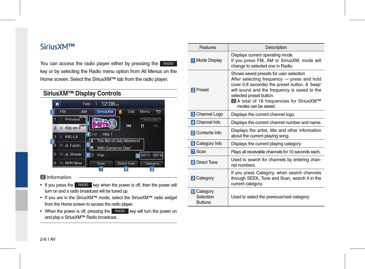 2-6 I AVSiriusXM™You can access the radio player either by pressing the RADIO key or by selecting the Radio menu option from All Menus on the Home screen. Select the SiriusXM™ tab from the radio player.SiriusXM™ Display Controlsi Information• If you press the RADIO key when the power is off, then the power willturn on and a radio broadcast will be tuned up.• If you are in the SiriusXM™ mode, select the SiriusXM™ radio widgetfrom the Home screen to access the radio player.• When the power is off, pressing the RADIO key will turn the power onand play a SiriusXM™ Radio broadcast.Features Description Mode DisplayDisplays current operating mode.If you press FM, AM or SiriusXM, mode will change to selected one in Radio. PresetShows saved presets for user selectionAfter selecting frequency → press and hold (over 0.8 seconds) the preset button. A &apos;beep&apos; will sound and the frequency is saved to the selected preset button.  A total of 18 frequencies for SiriusXM™   modes can be saved. Channel Logo Displays the current channel logo. Channel Info Displays the current channel number and name. Contents Info Displays the artist, title and other information about the current playing song. Category Info Displays the current playing category. Scan Plays all receivable channels for 10 seconds each. Direct Tune Used to search for channels by entering chan-nel numbers. CategoryIf you press Category, when search channels through SEEK, Tune and Scan, search it in the current category.  Category Selection ButtonsUsed to select the previous/next category.