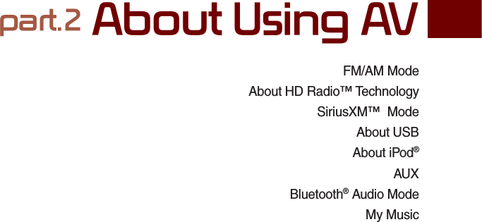 FM/AM ModeAbout HD Radio™ TechnologySiriusXM™  ModeAbout USBAbout iPod®AUXBluetooth® Audio ModeMy Musicpart.2 About Using AV02