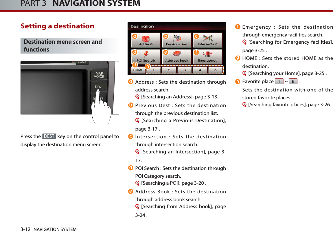 3-12 NAVIGATION SYSTEMPART 3   NAVIGATION SYSTEMSetting a destination Destination menu screen andfunctionsPress the  key on the control panel todisplay the destination menu screen. Address : Sets the destination throughaddress search. [Searching an Address], page 3-13.Previous Dest : Sets the destinationthrough the previous destination list. [Searching a Previous Destination],page 3-17 .Intersection : Sets the destinationthrough intersection search. [Searching an Intersection], page 3-17.POI Search : Sets the destination throughPOI Category search. [Searching a POI], page 3-20 .Address Book : Sets the destinationthrough address book search. [Searching from Address book], page3-24 .Emergency : Sets the destinationthrough emergency facilities search. [Searching for Emergency facilities],page 3-25 .HOME : Sets the stored HOME as thedestination. [Searching your Home], page 3-25 .Favorite place ~ : Sets the destination with one of thestored favorite places. [Searching favorite places], page 3-26 .51DESTaa b cgd e fbcdefghh