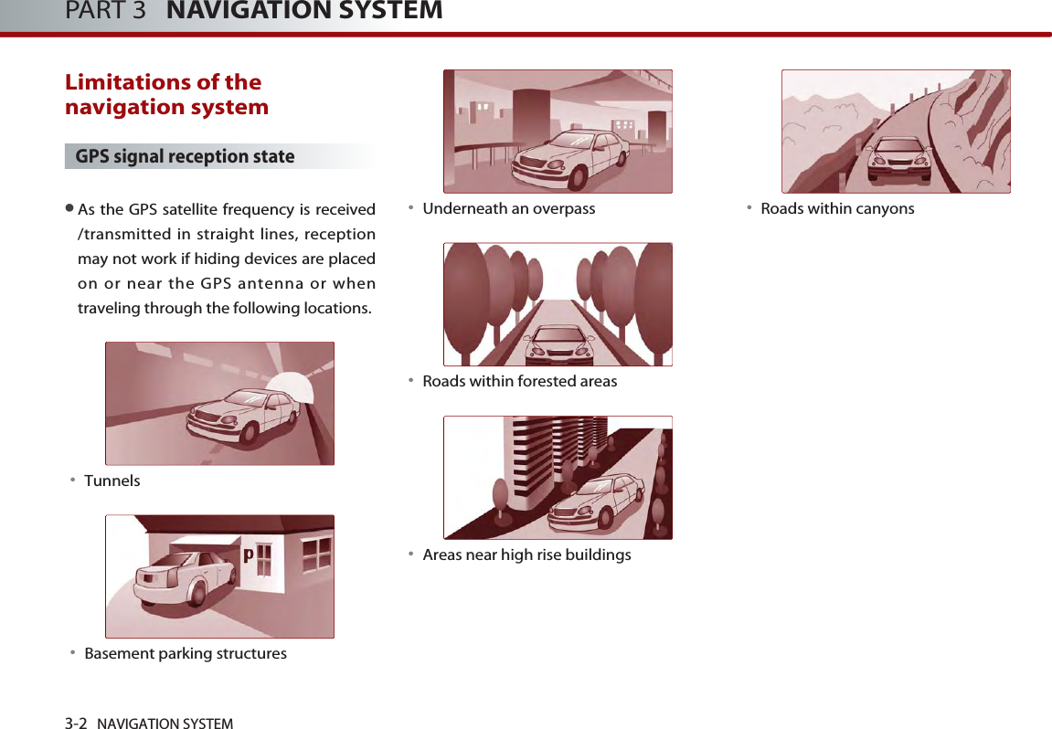 3-2 NAVIGATION SYSTEMPART 3   NAVIGATION SYSTEMLimitations of thenavigation systemGPS signal reception state●As the GPS satellite frequency is received/transmitted in straight lines, receptionmay not work if hiding devices are placedon or near the GPS antenna or whentraveling through the following locations. 󳀏Tunnels 󳀏Basement parking structures 󳀏Underneath an overpass 󳀏Roads within forested areas󳀏Areas near high rise buildings 󳀏Roads within canyons