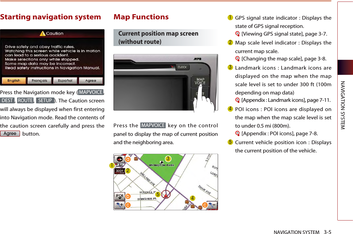 NAVIGATION SYSTEM    3-5NAVIGATION SYSTEMStarting navigation system Press the Navigation mode key ( ,,  ,  ). The Caution screenwill always be displayed when first enteringinto Navigation mode. Read the contents ofthe caution screen carefully and press thebutton.Map Functions Current position map screen(without route)Press the  key on the controlpanel to display the map of current positionand the neighboring area.GPS signal state indicator : Displays thestate of GPS signal reception.[Viewing GPS signal state], page 3-7. Map scale level indicator : Displays thecurrent map scale.[Changing the map scale], page 3-8.Landmark icons : Landmark icons aredisplayed on the map when the mapscale level is set to under 300 ft (100mdepending on map data)[Appendix : Landmark icons], page 7-11.POI icons : POI icons are displayed onthe map when the map scale level is setto under 0.5 mi (800m).[Appendix : POI icons], page 7-8.Current vehicle position icon : Displaysthe current position of the vehicle.MAPVOICEAgreeSETUPROUTEDESTMAPVOICE12345abcc12345