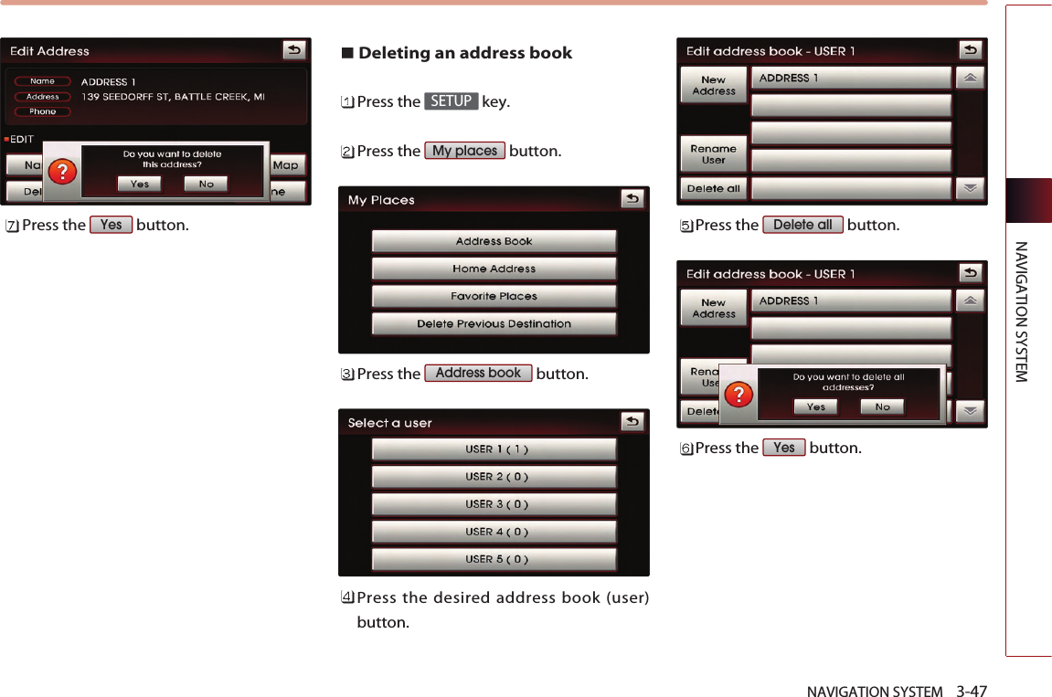 NAVIGATION SYSTEM    3-47NAVIGATION SYSTEMPress the  button.Deleting an address bookPress the  key.Press the  button.Press the  button.Press the desired address book (user)button.Press the  button. Press the  button.YesDelete allAddress bookMy placesSETUPYes