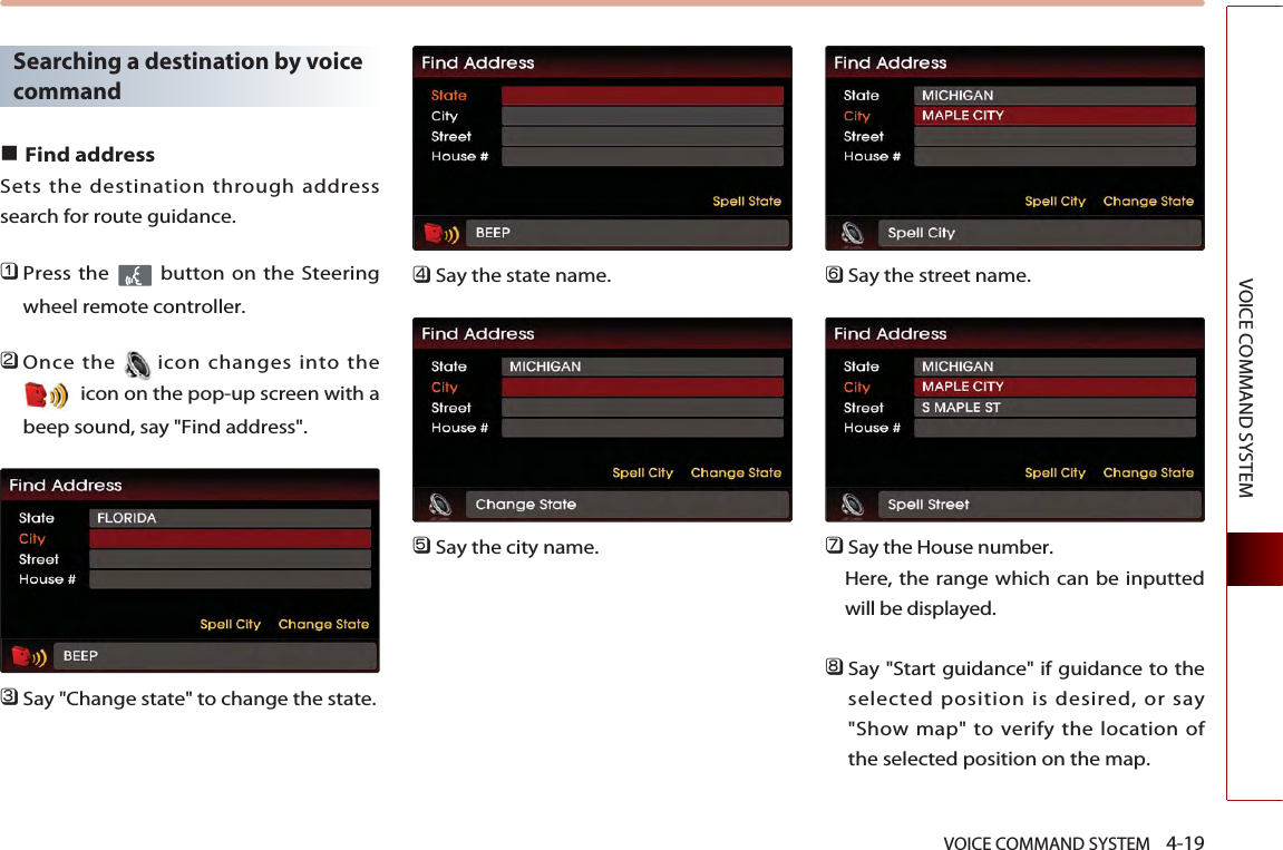 VOICE COMMAND SYSTEM    4-19VOICE COMMAND SYSTEMSearching a destination by voicecommand■Find addressSets the destination through addresssearch for route guidance. 󲻤Press the  button on the Steeringwheel remote controller.󲻥Once the icon changes into theicon on the pop-up screen with abeep sound, say &quot;Find address&quot;.󲻦Say &quot;Change state&quot; to change the state.󲻧Say the state name.󲻨Say the city name.󲻩Say the street name.󲻪Say the House number. Here, the range which can be inputtedwill be displayed. 󲻫Say &quot;Start guidance&quot; if guidance to theselected position is desired, or say&quot;Show map&quot; to verify the location ofthe selected position on the map.