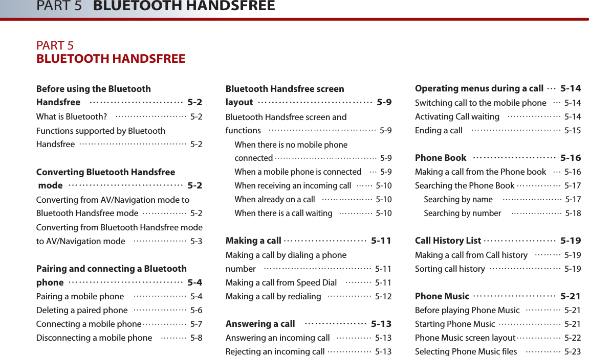 PART 5   BLUETOOTH HANDSFREEPART 5BLUETOOTH HANDSFREEBefore using the Bluetooth Handsfree……………………… 5-2What is Bluetooth? …………………… 5-2Functions supported by Bluetooth Handsfree ……………………………… 5-2Converting Bluetooth Handsfreemode…………………………… 5-2Converting from AV/Navigation mode toBluetooth Handsfree mode …………… 5-2Converting from Bluetooth Handsfree modeto AV/Navigation mode ……………… 5-3Pairing and connecting a Bluetoothphone…………………………… 5-4Pairing a mobile phone ……………… 5-4Deleting a paired phone ……………… 5-6Connecting a mobile phone…………… 5-7Disconnecting a mobile phone ……… 5-8Bluetooth Handsfree screen layout…………………………… 5-9Bluetooth Handsfree screen and functions ……………………………… 5-9When there is no mobile phone connected ……………………………… 5-9When a mobile phone is connected …5-9When receiving an incoming call …… 5-10When already on a call ……………… 5-10When there is a call waiting ………… 5-10Making a call…………………… 5-11Making a call by dialing a phone number ……………………………… 5-11Making a call from Speed Dial  ……… 5-11Making a call by redialing …………… 5-12Answering a call……………… 5-13Answering an incoming call  ………… 5-13Rejecting an incoming call …………… 5-13Operating menus during a call…5-14Switching call to the mobile phone …5-14Activating Call waiting ……………… 5-14Ending a call ………………………… 5-15Phone Book…………………… 5-16Making a call from the Phone book …5-16 Searching the Phone Book …………… 5-17Searching by name  ………………… 5-17Searching by number  ……………… 5-18Call History List………………… 5-19Making a call from Call history  ……… 5-19Sorting call history  …………………… 5-19Phone Music…………………… 5-21Before playing Phone Music ………… 5-21Starting Phone Music ………………… 5-21Phone Music screen layout…………… 5-22Selecting Phone Music files ………… 5-23