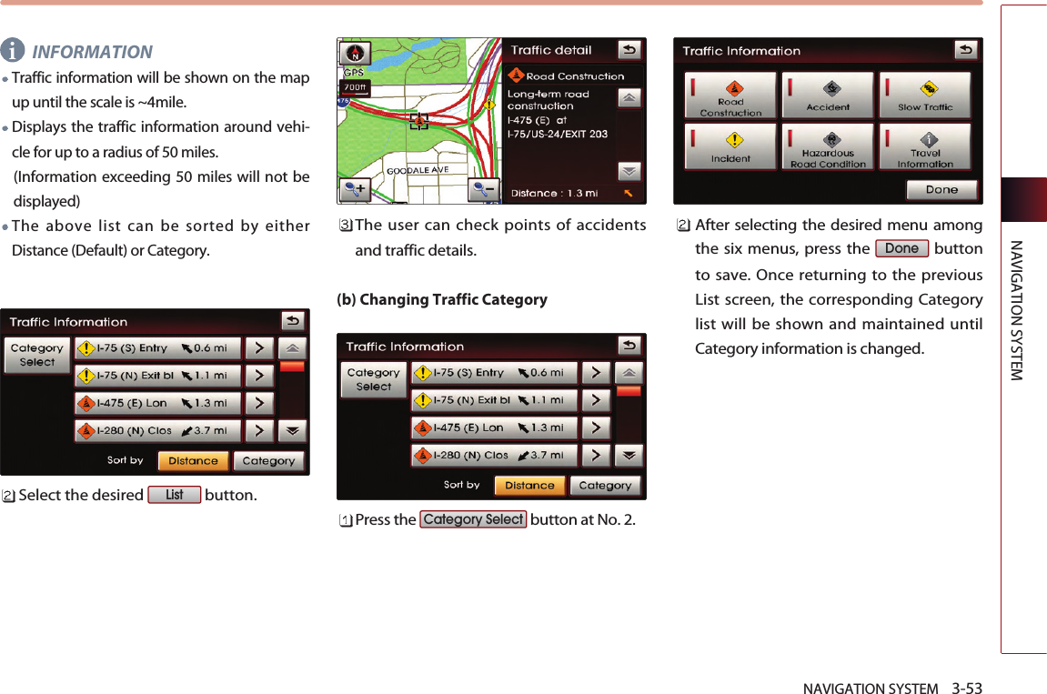 NAVIGATION SYSTEM    3-53NAVIGATION SYSTEMINFORMATIONTraffic information will be shown on the mapup until the scale is ~4mile.Displays the traffic information around vehi-cle for up to a radius of 50 miles. (Information exceeding 50 miles will not bedisplayed)The above list can be sorted by eitherDistance (Default) or Category.Select the desired  button. The user can check points of accidentsand traffic details.(b) Changing Traffic CategoryPress the  button at No. 2.After selecting the desired menu amongthe six menus, press the  buttonto save. Once returning to the previousList screen, the corresponding Categorylist will be shown and maintained untilCategory information is changed.DoneCategory SelectListi