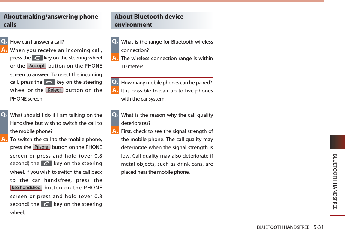 BLUETOOTH HANDSFREE    5-31BLUETOOTH HANDSFREEAbout making/answering phonecalls How can I answer a call?  When you receive an incoming call,press the  key on the steering wheelor the  button on the PHONEscreen to answer. To reject the incomingcall, press the  key on the steeringwheel or the  button on thePHONE screen. What should I do if I am talking on theHandsfree but wish to switch the call tothe mobile phone?  To switch the call to the mobile phone,press the  button on the PHONEscreen or press and hold (over 0.8second) the  key on the steeringwheel. If you wish to switch the call backto the car handsfree, press thebutton on the PHONEscreen or press and hold (over 0.8second) the  key on the steeringwheel. About Bluetooth deviceenvironment  What is the range for Bluetooth wirelessconnection?  The wireless connection range is within10 meters.  How many mobile phones can be paired? It is possible to pair up to five phoneswith the car system.  What is the reason why the call qualitydeteriorates?  First, check to see the signal strength ofthe mobile phone. The call quality maydeteriorate when the signal strength islow. Call quality may also deteriorate ifmetal objects, such as drink cans, areplaced near the mobile phone.  Use handsfreePrivateRejectAcceptA.Q.A.Q.A.Q.A.Q.A.Q.