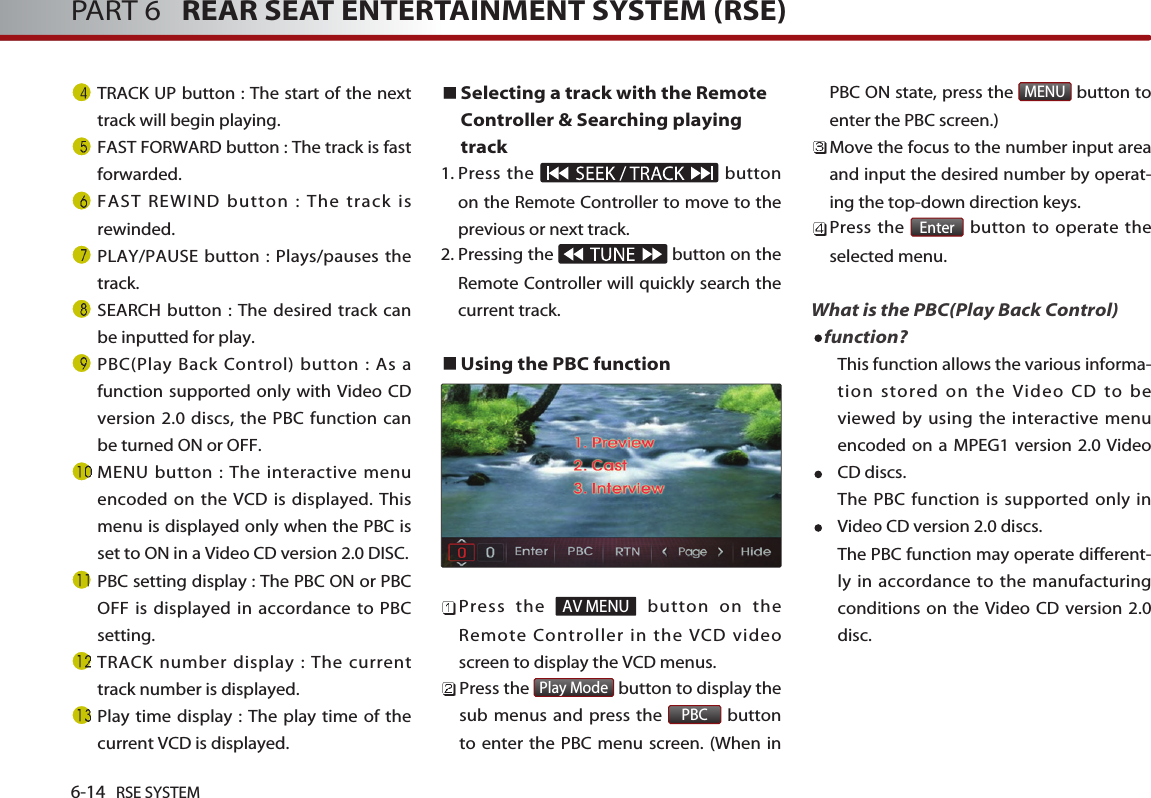 6-14 RSE SYSTEMPART 6   REAR SEAT ENTERTAINMENT SYSTEM (RSE)TRACK UP button : The start of the nexttrack will begin playing. FAST FORWARD button : The track is fastforwarded.  FAST REWIND button : The track isrewinded. PLAY/PAUSE button : Plays/pauses thetrack.SEARCH button : The desired track canbe inputted for play.  PBC(Play Back Control) button : As afunction supported only with Video CDversion 2.0 discs, the PBC function canbe turned ON or OFF. MENU button : The interactive menuencoded on the VCD is displayed. Thismenu is displayed only when the PBC isset to ON in a Video CD version 2.0 DISC.PBC setting display : The PBC ON or PBCOFF is displayed in accordance to PBCsetting.TRACK number display : The currenttrack number is displayed. Play time display : The play time of thecurrent VCD is displayed. Selecting a track with the RemoteController &amp; Searching playingtrack 1. Press the  buttonon the Remote Controller to move to theprevious or next track.2. Pressing the  button on theRemote Controller will quickly search thecurrent track.Using the PBC function Press the  button on theRemote Controller in the VCD videoscreen to display the VCD menus.Press the  button to display thesub menus and press the  buttonto enter the PBC menu screen. (When inPBC ON state, press the  button toenter the PBC screen.)Move the focus to the number input areaand input the desired number by operat-ing the top-down direction keys.Press the  button to operate theselected menu.What is the PBC(Play Back Control)function?This function allows the various informa-tion stored on the Video CD to beviewed by using the interactive menuencoded on a MPEG1 version 2.0 VideoCD discs. The PBC function is supported only inVideo CD version 2.0 discs. The PBC function may operate different-ly in accordance to the manufacturingconditions on the Video CD version 2.0disc. EnterMENUPBCPlay ModeAV MENU