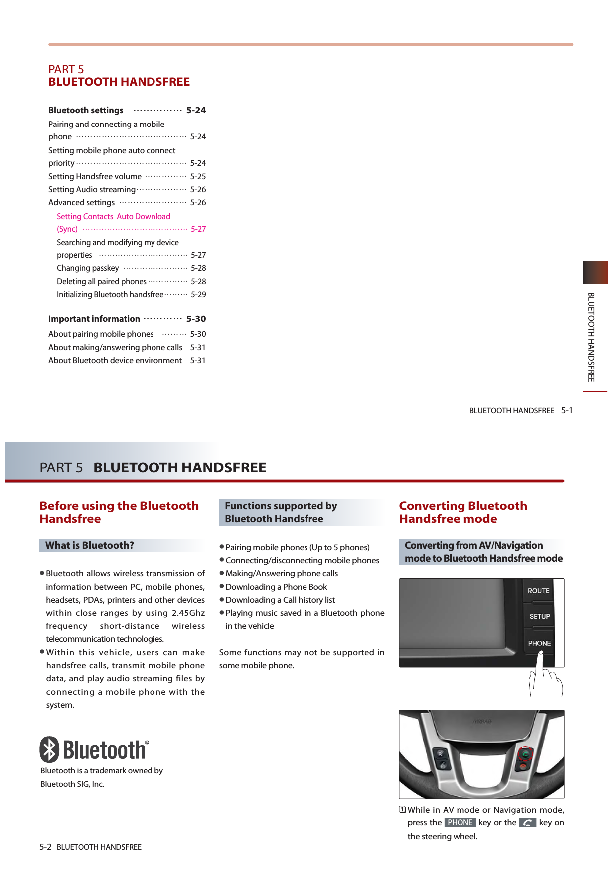 BLUETOOTH HANDSFREE 5-1BLUETOOTH HANDSFREEPART 5BLUETOOTH HANDSFREEBluetooth settings 5-24Pairing and connecting a mobile phone  5-24Setting mobile phone auto connect priority 5-24Setting Handsfree volume  5-25Setting Audio streaming 5-26Advanced settings  5-26Setting Contacts  Auto Download(Sync)  5-27Searching and modifying my device properties  5-27Changing passkey   5-28Deleting all paired phones 5-28Initializing Bluetooth handsfree 5-29Important information 5-30About pairing mobile phones   5-30About making/answering phone calls  5-31About Bluetooth device environment  5-315-2 BLUETOOTH HANDSFREEPART 5   BLUETOOTH HANDSFREEBefore using the BluetoothHandsfreeWhat is Bluetooth?Bluetooth allows wireless transmission ofinformation between PC, mobile phones,headsets, PDAs, printers and other deviceswithin close ranges by using 2.45Ghzfrequency short-distance wirelesstelecommunication technologies.Within this vehicle, users can makehandsfree calls, transmit mobile phonedata, and play audio streaming files byconnecting a mobile phone with thesystem.Functions supported byBluetooth HandsfreePairing mobile phones (Up to 5 phones)Connecting/disconnecting mobile phonesMaking/Answering phone callsDownloading a Phone BookDownloading a Call history listPlaying music saved in a Bluetooth phonein the vehicleSome functions may not be supported insome mobile phone. Converting BluetoothHandsfree modeConverting from AV/Navigationmode to Bluetooth Handsfree mode󲻤While in AV mode or Navigation mode,press the  key or the  key onthe steering wheel. PHONEBluetooth is a trademark owned byBluetooth SIG, Inc.
