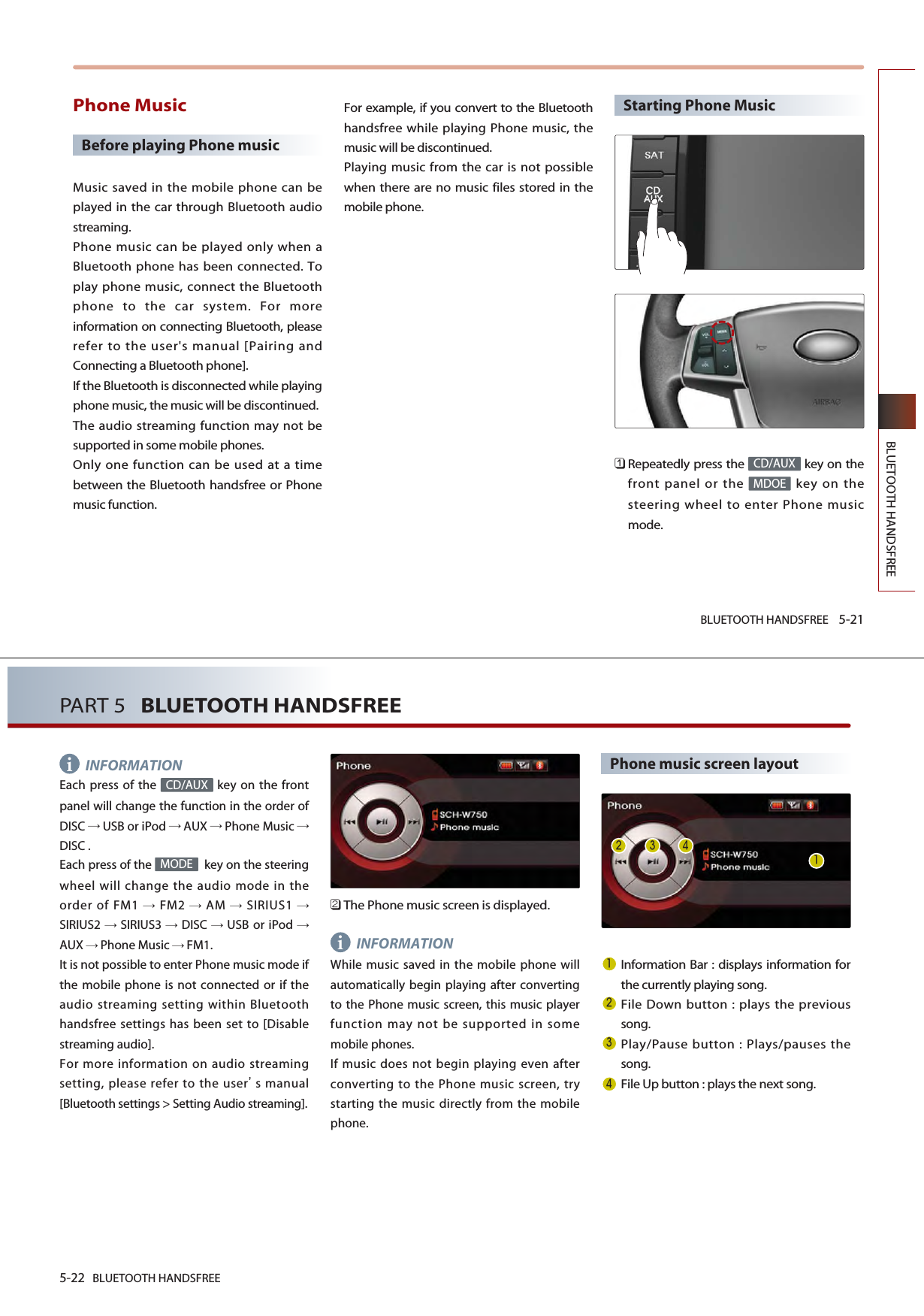 BLUETOOTH HANDSFREE 5-21BLUETOOTH HANDSFREEPhone MusicBefore playing Phone musicMusic saved in the mobile phone can beplayed in the car through Bluetooth audiostreaming.Phone music can be played only when aBluetooth phone has been connected. Toplay phone music, connect the Bluetoothphone to the car system. For moreinformation on connecting Bluetooth, pleaserefer to the user&apos;s manual [Pairing andConnecting a Bluetooth phone]. If the Bluetooth is disconnected while playingphone music, the music will be discontinued. The audio streaming function may not besupported in some mobile phones. Only one function can be used at a timebetween the Bluetooth handsfree or Phonemusic function. For example, if you convert to the Bluetoothhandsfree while playing Phone music, themusic will be discontinued. Playing music from the car is not possiblewhen there are no music files stored in themobile phone. Starting Phone Music󲻤Repeatedly press the  key on thefront panel or the  key on thesteering wheel to enter Phone musicmode.MDOECD/AUX5-22 BLUETOOTH HANDSFREEPART 5   BLUETOOTH HANDSFREEINFORMATIONEach press of the  key on the frontpanel will change the function in the order ofDISC USB or iPod AUX Phone Music DISC .Each press of the  key on the steeringwheel will change the audio mode in theorder of FM1 FM2 AM SIRIUS1 SIRIUS2 SIRIUS3 DISC USB or iPod AUX Phone Music FM1.It is not possible to enter Phone music mode ifthe mobile phone is not connected or if theaudio streaming setting within Bluetoothhandsfree settings has been set to [Disablestreaming audio]. For more information on audio streamingsetting, please refer to the users manual[Bluetooth settings &gt; Setting Audio streaming].󲻥The Phone music screen is displayed. INFORMATIONWhile music saved in the mobile phone willautomatically begin playing after convertingto the Phone music screen, this music playerfunction may not be supported in somemobile phones. If music does not begin playing even afterconverting to the Phone music screen, trystarting the music directly from the mobilephone.Phone music screen layoutInformation Bar : displays information forthe currently playing song.File Down button : plays the previoussong.Play/Pause button : Plays/pauses thesong.File Up button : plays the next song. MODECD/AUXii 