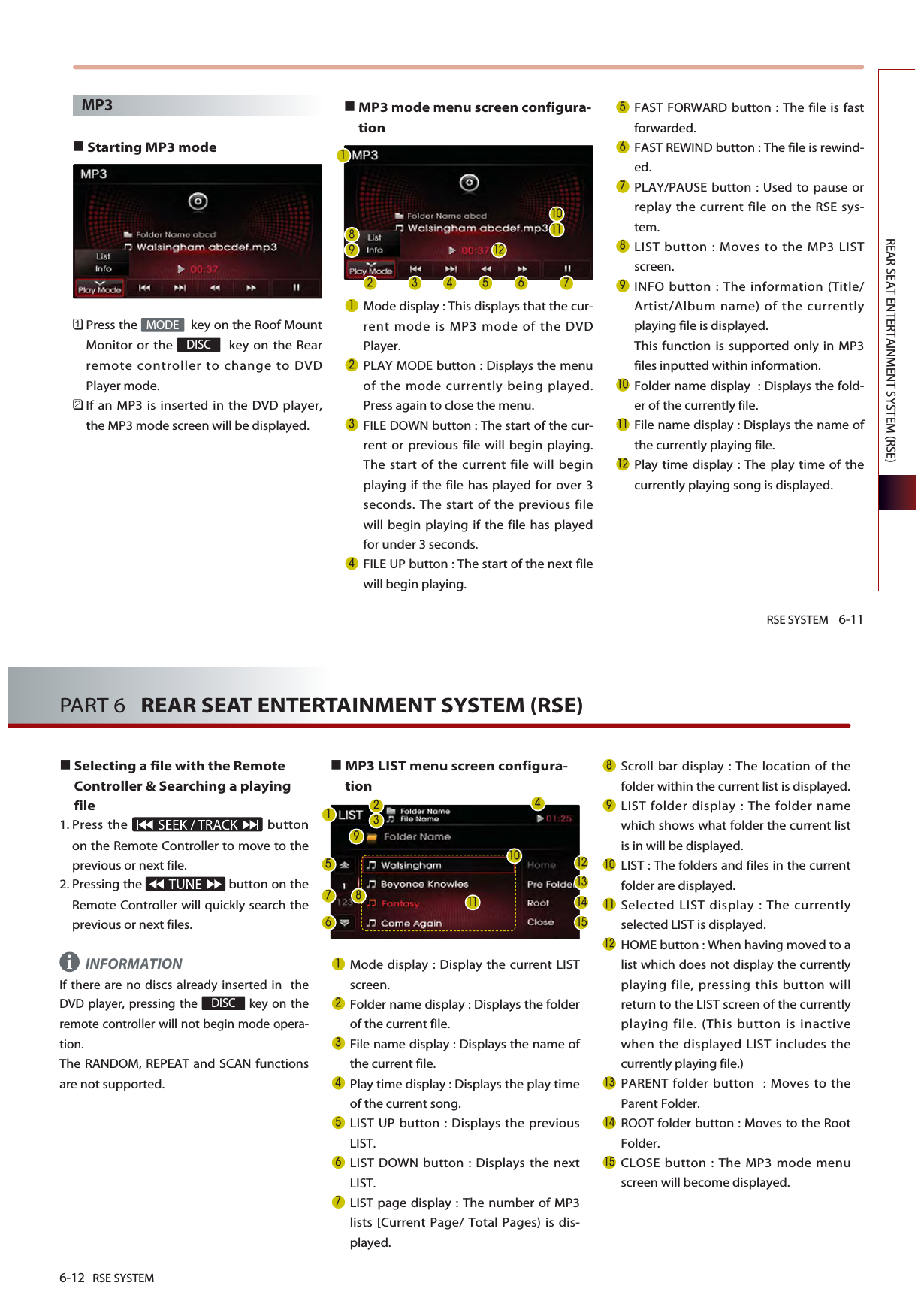 RSE SYSTEM 6-11REAR SEAT ENTERTAINMENT SYSTEM (RSE)MP3Starting MP3 mode 󲻤Press the  key on the Roof MountMonitor or the  key on the Rearremote controller to change to DVDPlayer mode.󲻥If an MP3 is inserted in the DVD player,the MP3 mode screen will be displayed.MP3 mode menu screen configura-tionMode display : This displays that the cur-rent mode is MP3 mode of the DVDPlayer.PLAY MODE button : Displays the menuof the mode currently being played.Press again to close the menu.FILE DOWN button : The start of the cur-rent or previous file will begin playing.The start of the current file will beginplaying if the file has played for over 3seconds. The start of the previous filewill begin playing if the file has playedfor under 3 seconds.FILE UP button : The start of the next filewill begin playing.FAST FORWARD button : The file is fastforwarded.FAST REWIND button : The file is rewind-ed.PLAY/PAUSE button : Used to pause orreplay the current file on the RSE sys-tem.LIST button : Moves to the MP3 LISTscreen.INFO button : The information (Title/Artist/Album name) of the currentlyplaying file is displayed. This function is supported only in MP3files inputted within information.Folder name display  : Displays the fold-er of the currently file.File name display : Displays the name ofthe currently playing file.Play time display : The play time of thecurrently playing song is displayed.DISCMODE     6-12 RSE SYSTEMPART 6   REAR SEAT ENTERTAINMENT SYSTEM (RSE)Selecting a file with the RemoteController &amp; Searching a playingfile1. Press the  buttonon the Remote Controller to move to theprevious or next file. 2. Pressing the  button on theRemote Controller will quickly search theprevious or next files. INFORMATIONIf there are no discs already inserted in  theDVD player, pressing the  key on theremote controller will not begin mode opera-tion.The RANDOM, REPEAT and SCAN functionsare not supported.MP3 LIST menu screen configura-tionMode display : Display the current LISTscreen.Folder name display : Displays the folderof the current file. File name display : Displays the name ofthe current file. Play time display : Displays the play timeof the current song. LIST UP button : Displays the previousLIST.LIST DOWN button : Displays the nextLIST.LIST page display : The number of MP3lists [Current Page/ Total Pages) is dis-played.Scroll bar display : The location of thefolder within the current list is displayed. LIST folder display : The folder namewhich shows what folder the current listis in will be displayed.LIST : The folders and files in the currentfolder are displayed. Selected LIST display : The currentlyselected LIST is displayed.HOME button : When having moved to alist which does not display the currentlyplaying file, pressing this button willreturn to the LIST screen of the currentlyplaying file. (This button is inactivewhen the displayed LIST includes thecurrently playing file.)PARENT folder button  : Moves to theParent Folder. ROOT folder button : Moves to the RootFolder.CLOSE button : The MP3 mode menuscreen will become displayed.DISCi
