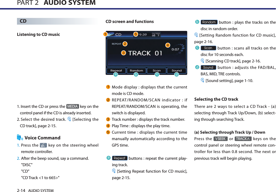 2-14 AUDIO SYSTEM PART 2   AUDIO SYSTEMCDListening to CD music1.   Insert the CD or press the MEDIA key on the control panel if the CD is already inserted.2.  Select the desired track.  [Selecting the CD track], page 2-15.Voice Command1.  Press the    key on  the steering  wheel remote controller.2. After the beep sound, say a command.&quot;DISC&quot;&quot;CD&quot;&quot;CD Track &lt;1 to 665&gt;&quot;CD screen and functions1Mode display : displays that  the current mode is CD mode.2REPEAT/RANDOM/SCAN indicator : if REPEAT/RANDOM/SCAN is operating, the switch is displayed. 3Track number : displays the track number.4Play Time : displays the play time.5Current time :  displays the current time manually automatically according to the GPS time.a Repeat buttons : repeat the current play-ing track. [Setting Repeat function for CD music], page 2-15.b Random button : plays the tracks on the disc in random order. [Setting Random function for CD music], page 2-16.c Scan button : scans all tracks on the disc for 10 seconds each. [Scanning CD track], page 2-16.d Sound button : adjusts the FAD/BAL, BAS, MID, TRE controls. [Sound setting], page 1-10.Selecting the CD trackThere  are 2 ways to  select a CD Track - (a) selecting through Track Up/Down, (b) select-ing through searching Track.(a) Selecting through Track Up / DownPress the ∨SEEK  or TRACK∧  keys  on  the control panel or steering wheel remote con-troller for less than 0.8  second. The next  or previous track will begin playing. 12345a cb d