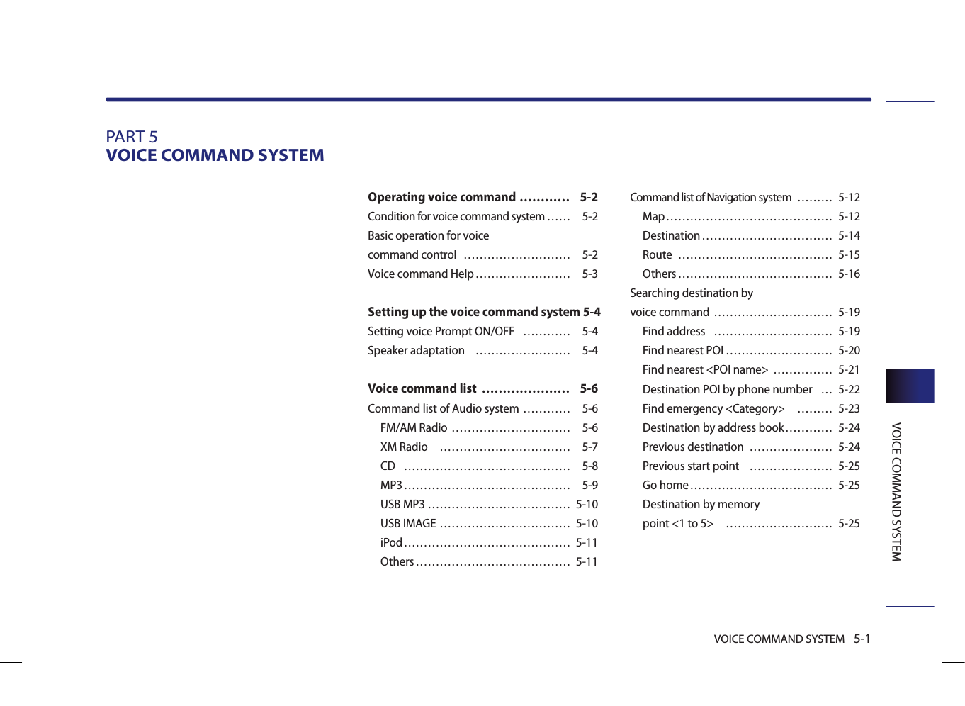 VOICE COMMAND SYSTEM 5-1VOICE COMMAND SYSTEMPART 5VOICE COMMAND SYSTEM Operating voice command  ………… 5-2Condition for voice command system …… 5-2Basic operation for voice command control  ……………………… 5-2Voice command Help …………………… 5-3Setting up the voice command system  5-4Setting voice Prompt ON/OFF  ………… 5-4Speaker adaptation  …………………… 5-4Voice command list  ………………… 5-6Command list of Audio system ………… 5-6FM/AM Radio ………………………… 5-6XM Radio  …………………………… 5-7CD  …………………………………… 5-8MP3 …………………………………… 5-9USB MP3 ……………………………… 5-10USB IMAGE …………………………… 5-10iPod …………………………………… 5-11Others ………………………………… 5-11Command list of Navigation system  ……… 5-12Map …………………………………… 5-12Destination …………………………… 5-14Route  ………………………………… 5-15Others ………………………………… 5-16Searching destination by voice command ………………………… 5-19Find address  ………………………… 5-19Find nearest POI ……………………… 5-20Find nearest &lt;POI name&gt;  …………… 5-21Destination POI by phone number  … 5-22Find emergency &lt;Category&gt;   ……… 5-23Destination by address book ………… 5-24Previous destination  ………………… 5-24Previous start point  ………………… 5-25Go home ……………………………… 5-25Destination by memory point &lt;1 to 5&gt;  ……………………… 5-25