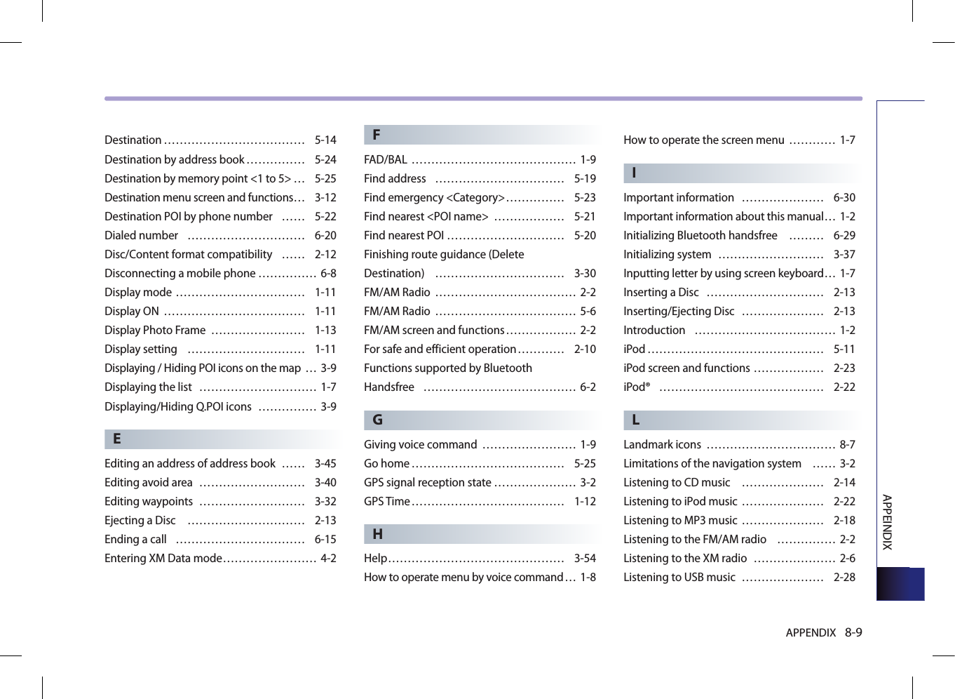 APPENDIX 8-9APPEINDIXDestination ……………………………… 5-14Destination by address book …………… 5-24Destination by memory point &lt;1 to 5&gt; … 5-25Destination menu screen and functions … 3-12Destination POI by phone number  …… 5-22Dialed number  ………………………… 6-20Disc/Content format compatibility  …… 2-12Disconnecting a mobile phone …………… 6-8Display mode …………………………… 1-11Display ON  ……………………………… 1-11Display Photo Frame  …………………… 1-13Display setting  ………………………… 1-11Displaying / Hiding POI icons on the map  … 3-9Displaying the list  ………………………… 1-7Displaying/Hiding Q.POI icons  …………… 3-9EEditing an address of address book  …… 3-45Editing avoid area  ……………………… 3-40Editing waypoints  ……………………… 3-32Ejecting a Disc  ………………………… 2-13Ending a call  …………………………… 6-15Entering XM Data mode …………………… 4-2FFAD/BAL  …………………………………… 1-9Find address  …………………………… 5-19Find emergency &lt;Category&gt; …………… 5-23Find nearest &lt;POI name&gt;  ……………… 5-21Find nearest POI ………………………… 5-20Finishing route guidance (Delete Destination)  …………………………… 3-30FM/AM Radio  ……………………………… 2-2FM/AM Radio  ……………………………… 5-6FM/AM screen and functions ……………… 2-2For safe and efficient operation ………… 2-10Functions supported by Bluetooth  Handsfree  ………………………………… 6-2GGiving voice command  …………………… 1-9Go home ………………………………… 5-25GPS signal reception state ………………… 3-2GPS Time ………………………………… 1-12HHelp ……………………………………… 3-54How to operate menu by voice command … 1-8How to operate the screen menu  ………… 1-7IImportant information  ………………… 6-30Important information about this manual … 1-2Initializing Bluetooth handsfree  ……… 6-29Initializing system  ……………………… 3-37Inputting letter by using screen keyboard … 1-7Inserting a Disc  ………………………… 2-13Inserting/Ejecting Disc  ………………… 2-13Introduction  ……………………………… 1-2iPod ……………………………………… 5-11iPod screen and functions ……………… 2-23iPod®  …………………………………… 2-22LLandmark icons  …………………………… 8-7Limitations of the navigation system  …… 3-2Listening to CD music  ………………… 2-14Listening to iPod music  ………………… 2-22Listening to MP3 music ………………… 2-18Listening to the FM/AM radio  …………… 2-2Listening to the XM radio  ………………… 2-6Listening to USB music  ………………… 2-28