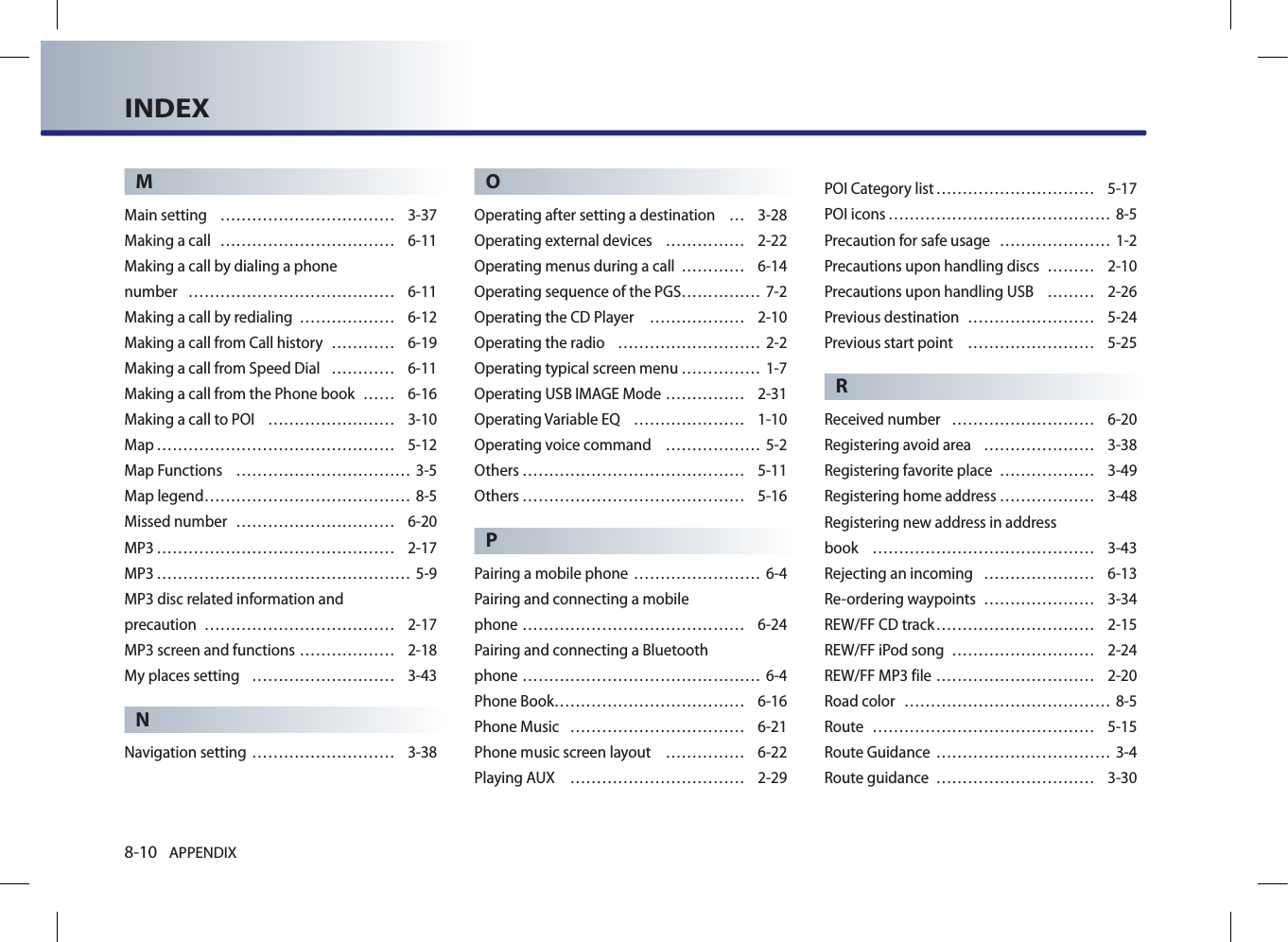 8-10 APPENDIXINDEXMMain setting  …………………………… 3-37Making a call  …………………………… 6-11Making a call by dialing a phone  number  ………………………………… 6-11Making a call by redialing  ……………… 6-12Making a call from Call history  ………… 6-19Making a call from Speed Dial  ………… 6-11Making a call from the Phone book  …… 6-16Making a call to POI  …………………… 3-10Map ……………………………………… 5-12Map Functions  …………………………… 3-5Map legend ………………………………… 8-5Missed number  ………………………… 6-20MP3 ……………………………………… 2-17MP3 ………………………………………… 5-9MP3 disc related information and  precaution  ……………………………… 2-17MP3 screen and functions ……………… 2-18My places setting  ……………………… 3-43NNavigation setting ……………………… 3-38OOperating after setting a destination  … 3-28Operating external devices  …………… 2-22Operating menus during a call  ………… 6-14Operating sequence of the PGS …………… 7-2Operating the CD Player  ……………… 2-10Operating the radio  ……………………… 2-2Operating typical screen menu …………… 1-7Operating USB IMAGE Mode …………… 2-31Operating Variable EQ  ………………… 1-10Operating voice command  ……………… 5-2Others …………………………………… 5-11Others …………………………………… 5-16PPairing a mobile phone …………………… 6-4Pairing and connecting a mobile  phone …………………………………… 6-24Pairing and connecting a Bluetooth  phone ……………………………………… 6-4Phone Book……………………………… 6-16Phone Music  …………………………… 6-21Phone music screen layout  …………… 6-22Playing AUX  …………………………… 2-29POI Category list ………………………… 5-17POI icons …………………………………… 8-5Precaution for safe usage  ………………… 1-2Precautions upon handling discs  ……… 2-10Precautions upon handling USB  ……… 2-26Previous destination  …………………… 5-24Previous start point  …………………… 5-25RReceived number  ……………………… 6-20Registering avoid area  ………………… 3-38Registering favorite place  ……………… 3-49Registering home address ……………… 3-48Registering new address in addressbook  …………………………………… 3-43Rejecting an incoming  ………………… 6-13Re-ordering waypoints  ………………… 3-34REW/FF CD track ………………………… 2-15REW/FF iPod song  ……………………… 2-24REW/FF MP3 file ………………………… 2-20Road color  ………………………………… 8-5Route  …………………………………… 5-15Route Guidance  …………………………… 3-4Route guidance  ………………………… 3-30