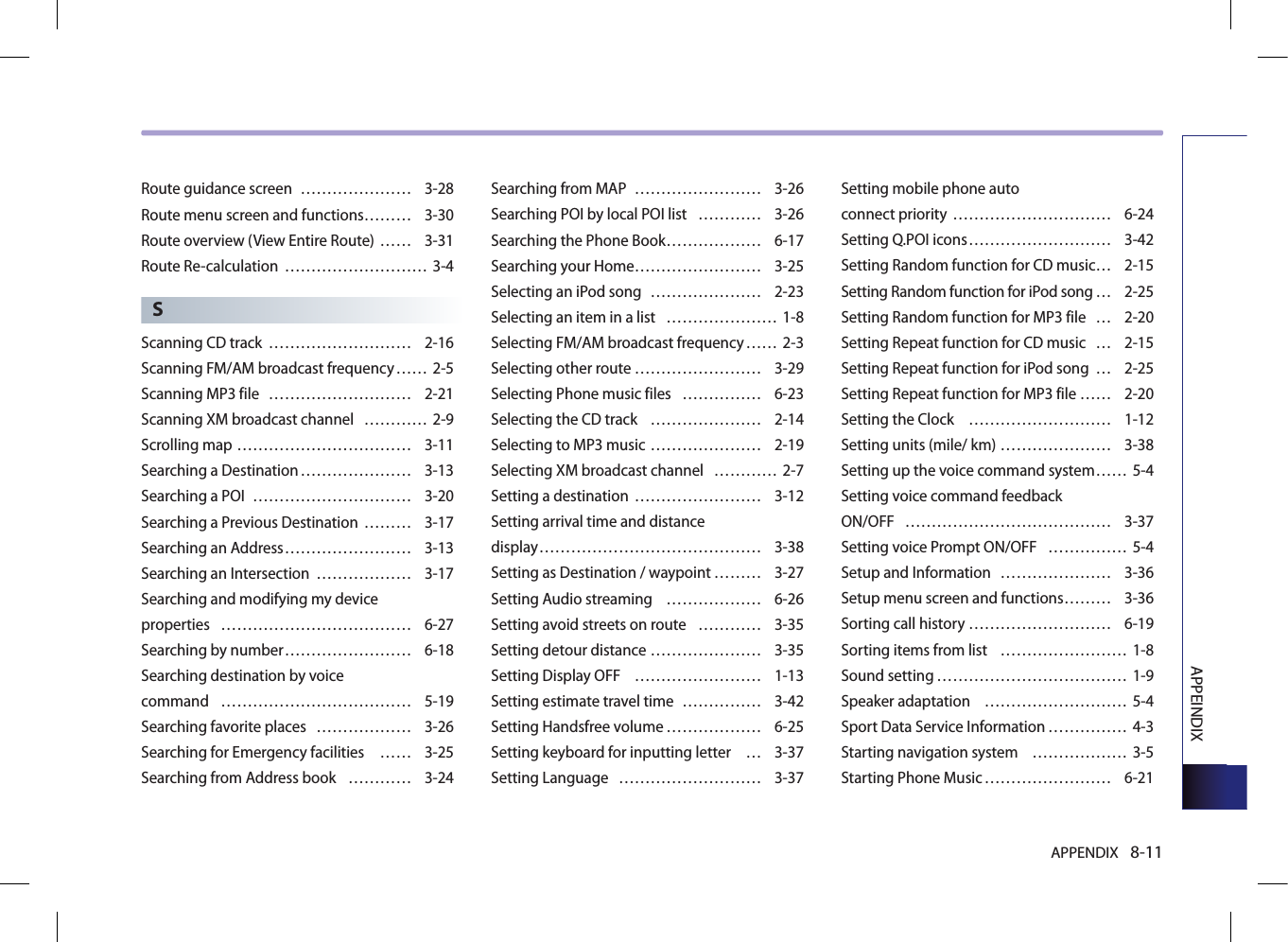 APPENDIX 8-11APPEINDIXRoute guidance screen  ………………… 3-28Route menu screen and functions ……… 3-30Route overview (View Entire Route) …… 3-31Route Re-calculation  ……………………… 3-4SScanning CD track  ……………………… 2-16Scanning FM/AM broadcast frequency …… 2-5Scanning MP3 file  ……………………… 2-21Scanning XM broadcast channel  ………… 2-9Scrolling map …………………………… 3-11Searching a Destination ………………… 3-13Searching a POI  ………………………… 3-20Searching a Previous Destination  ……… 3-17Searching an Address …………………… 3-13Searching an Intersection  ……………… 3-17Searching and modifying my deviceproperties  ……………………………… 6-27Searching by number …………………… 6-18Searching destination by voice  command  ……………………………… 5-19Searching favorite places  ……………… 3-26Searching for Emergency facilities  …… 3-25Searching from Address book  ………… 3-24Searching from MAP  …………………… 3-26Searching POI by local POI list  ………… 3-26Searching the Phone Book ……………… 6-17Searching your Home …………………… 3-25Selecting an iPod song  ………………… 2-23Selecting an item in a list  ………………… 1-8Selecting FM/AM broadcast frequency …… 2-3Selecting other route …………………… 3-29Selecting Phone music files  …………… 6-23Selecting the CD track  ………………… 2-14Selecting to MP3 music ………………… 2-19Selecting XM broadcast channel  ………… 2-7Setting a destination  …………………… 3-12Setting arrival time and distance display …………………………………… 3-38Setting as Destination / waypoint ……… 3-27Setting Audio streaming  ……………… 6-26Setting avoid streets on route  ………… 3-35Setting detour distance ………………… 3-35Setting Display OFF  …………………… 1-13Setting estimate travel time  …………… 3-42Setting Handsfree volume ……………… 6-25Setting keyboard for inputting letter  … 3-37Setting Language  ……………………… 3-37Setting mobile phone auto  connect priority  ………………………… 6-24Setting Q.POI icons ……………………… 3-42Setting Random function for CD music … 2-15Setting Random function for iPod song … 2-25Setting Random function for MP3 file  … 2-20Setting Repeat function for CD music  … 2-15Setting Repeat function for iPod song  … 2-25Setting Repeat function for MP3 file …… 2-20Setting the Clock  ……………………… 1-12Setting units (mile/ km) ………………… 3-38Setting up the voice command system …… 5-4Setting voice command feedback  ON/OFF  ………………………………… 3-37Setting voice Prompt ON/OFF  …………… 5-4Setup and Information  ………………… 3-36Setup menu screen and functions ……… 3-36Sorting call history ……………………… 6-19Sorting items from list  …………………… 1-8Sound setting ……………………………… 1-9Speaker adaptation  ……………………… 5-4Sport Data Service Information …………… 4-3Starting navigation system  ……………… 3-5Starting Phone Music …………………… 6-21