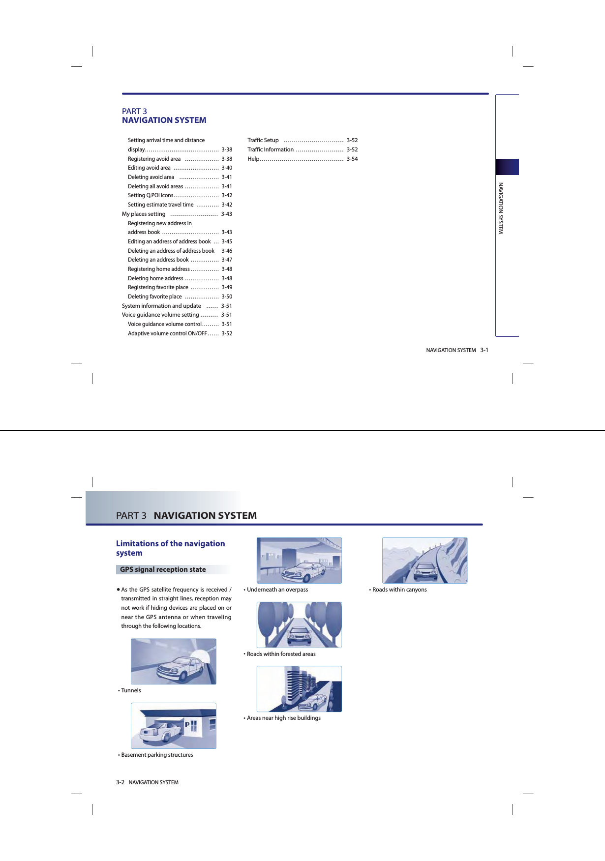 NAVIGATION SYSTEM 3-1NAVIGATION SYSTEMPART 3NAVIGATION SYSTEM Setting arrival time and distance display ………………………………… 3-38Registering avoid area  ……………… 3-38 Editing avoid area  …………………… 3-40Deleting avoid area  ………………… 3-41Deleting all avoid areas ……………… 3-41Setting Q.POI icons …………………… 3-42Setting estimate travel time  ………… 3-42My places setting  …………………… 3-43 Registering new address in address book  ………………………… 3-43Editing an address of address book  … 3-45Deleting an address of address book  3-46Deleting an address book …………… 3-47Registering home address …………… 3-48Deleting home address ……………… 3-48Registering favorite place  …………… 3-49Deleting favorite place  ……………… 3-50System information and update  …… 3-51Voice guidance volume setting ……… 3-51Voice guidance volume control ……… 3-51Adaptive volume control ON/OFF …… 3-52Traffic Setup  ………………………… 3-52Traffic Information …………………… 3-52Help …………………………………… 3-543-2 NAVIGATION SYSTEMPART 3   NAVIGATION SYSTEMLimitations of the navigation systemGPS signal reception state●  As the GPS satellite frequency is received /transmitted in straight lines, reception may not work if hiding devices are placed on or near the GPS antenna or when traveling through the following locations. •Tunnels •Basement parking structures •Underneath an overpass •Roads within forested areas•Areas near high rise buildings •Roads within canyons
