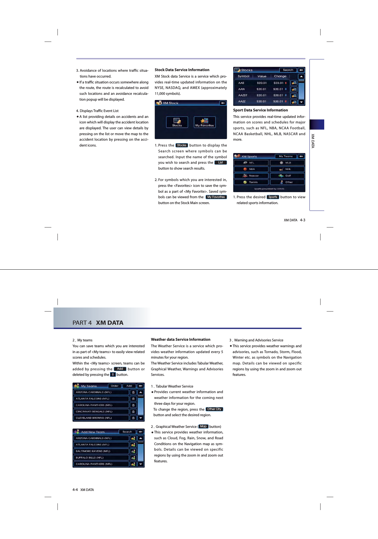 XM DATAXM DATA 4-33. Avoidance of locations where traffic situa-tions have occurred.● If a traffic situation occurs somewhere along the route, the route is recalculated to avoid such locations and an avoidance recalcula-tion popup will be displayed.4. Displays Traffic Event List● A list providing details on accidents and an icon which will display the accident location are displayed. The user can view details by pressing on the list or move the map to the accident location by pressing on the acci-dent icons.Stock Data Service InformationXM Stock data Service is a service which pro-vides real-time updated information on the NYSE, NASDAQ, and AMEX (approximately 11,000 symbols).1. Press the 6WRFNV button to display the Search screen where symbols can be searched. Input the name of the symbol you wish to search and press the /LVW  button to show search results.2. For symbols which you are interested in, press the &lt;Favorites&gt; icon to save the sym-bol as a part of &lt;My Favorite&gt;. Saved sym-bols can be viewed from the  0\)DYRULWHV button on the Stock Main screen.Sport Data Service InformationThis service provides real-time updated infor-mation on scores and schedules for major sports, such as NFL, NBA, NCAA Football, NCAA Basketball, NHL, MLB, NASCAR and more.1. Press the desired 6SRUWV button to view related sports information.4-4 XM DATAPART 4   XM DATA2.My teamsYou can save teams which you are interested in as part of &lt;My teams&gt; to easily view related scores and schedules. Within the &lt;My teams&gt; screen, teams can be added by pressing the $GG button or deleted by pressing the   button. Weather data Service InformationThe Weather Service is a service which pro-vides weather information updated every 5 minutes for your region.The Weather Service includes Tabular Weather, Graphical Weather, Warnings and Advisories Services.1. Tabular Weather Service● Provides current weather information and weather information for the coming next three days for your region.To change the region, press the 2WKHU&amp;LW\ button and select the desired region.2. Graphical Weather Service (0DS button)● This service provides weather information, such as Cloud, Fog, Rain, Snow, and Road Conditions on the Navigation map as sym-bols. Details can be viewed on specific regions by using the zoom in and zoom out features.3.Warning and Advisories Service● This service provides weather warnings and advisories, such as Tornado, Storm, Flood, Winter etc. as symbols on the Navigation map. Details can be viewed on specific regions by using the zoom in and zoom out features.