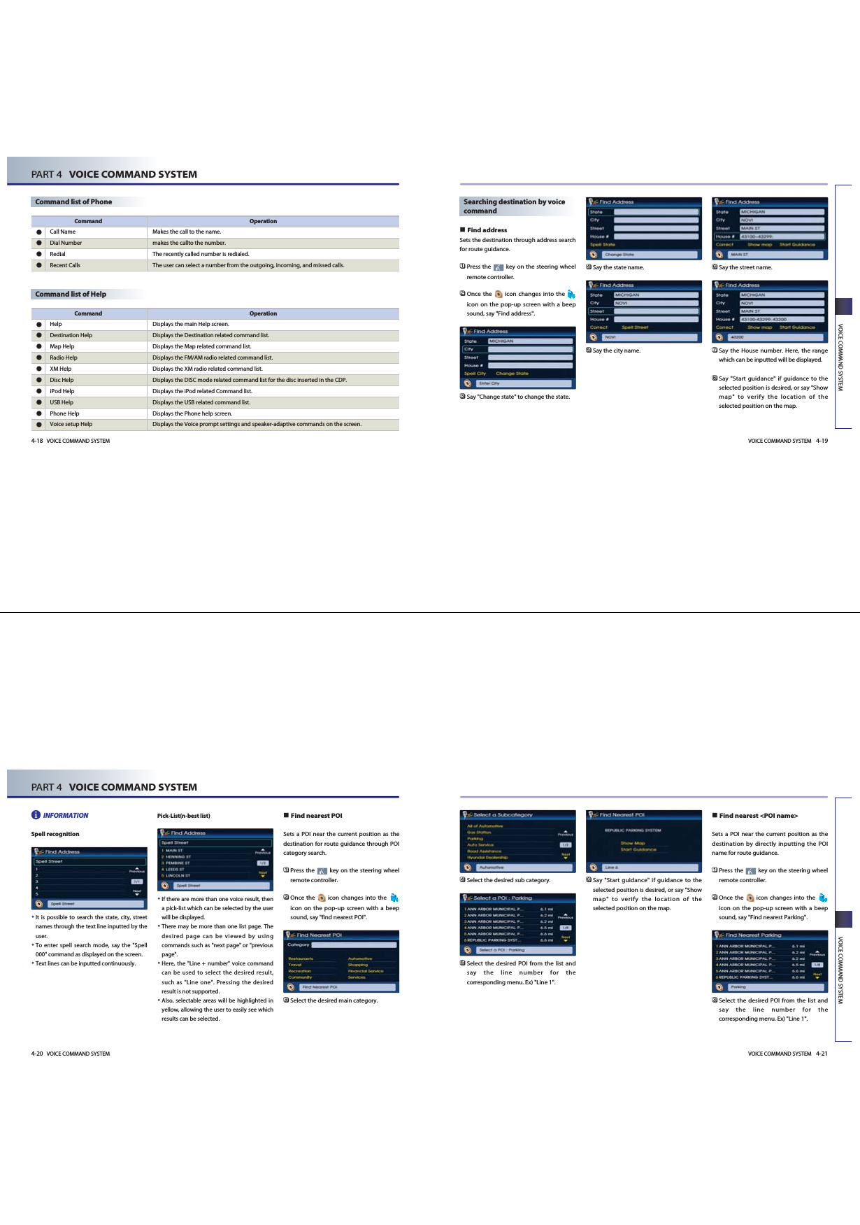 VOICE COMMAND SYSTEM 4-19VOICE COMMAND SYSTEM4-18 VOICE COMMAND SYSTEMPART 4   VOICE COMMAND SYSTEMCommand list of HelpCommand OperationHelp Displays the main Help screen. Destination Help Displays the Destination related command list.  Map Help Displays the Map related command list. Radio Help Displays the FM/AM radio related command list. XM Help Displays the XM radio related command list. Disc Help Displays the DISC mode related command list for the disc inserted in the CDP.  iPod Help Displays the iPod related Command list. USB Help Displays the USB related command list. Phone Help Displays the Phone help screen. Voice setup Help Displays the Voice prompt settings and speaker-adaptive commands on the screen.  Command list of PhoneCommand OperationCall Name Makes the call to the name.Dial Number makes the callto the number.Redial The recently called number is redialed.Recent Calls The user can select a number from the outgoing, incoming, and missed calls.Searching destination by voicecommandFind addressSets the destination through address searchfor route guidance. 󲻤Press the  key on the steering wheelremote controller.󲻥Once the  icon changes into the icon on the pop-up screen with a beepsound, say &quot;Find address&quot;.󲻦Say &quot;Change state&quot; to change the state.󲻧Say the state name.󲻨Say the city name.󲻩Say the street name.󲻪Say the House number. Here, the rangewhich can be inputted will be displayed. 󲻫Say &quot;Start guidance&quot; if guidance to theselected position is desired, or say &quot;Showmap&quot; to verify the location of theselected position on the map.VOICE COMMAND SYSTEM 4-21VOICE COMMAND SYSTEM4-20 VOICE COMMAND SYSTEMPART 4   VOICE COMMAND SYSTEMINFORMATIONSpell recognitionIt is possible to search the state, city, streetnames through the text line inputted by theuser.To enter spell search mode, say the &quot;Spell000&quot; command as displayed on the screen. Text lines can be inputted continuously.Pick-List(n-best list) If there are more than one voice result, thena pick-list which can be selected by the userwill be displayed. There may be more than one list page. Thedesired page can be viewed by usingcommands such as &quot;next page&quot; or &quot;previouspage&quot;.Here, the &quot;Line + number&quot; voice commandcan be used to select the desired result,such as &quot;Line one&quot;. Pressing the desiredresult is not supported. Also, selectable areas will be highlighted inyellow, allowing the user to easily see whichresults can be selected. Find nearest POISets a POI near the current position as thedestination for route guidance through POIcategory search. 󲻤Press the  key on the steering wheelremote controller.󲻥Once the  icon changes into the  icon on the pop-up screen with a beepsound, say &quot;find nearest POI&quot;.󲻦Select the desired main category.i󲻧Select the desired sub category. 󲻨Select the desired POI from the list andsay the line number for thecorresponding menu. Ex) &quot;Line 1&quot;.󲻩Say &quot;Start guidance&quot; if guidance to theselected position is desired, or say &quot;Showmap&quot; to verify the location of theselected position on the map. Find nearest &lt;POI name&gt; Sets a POI near the current position as thedestination by directly inputting the POIname for route guidance.󲻤Press the  key on the steering wheelremote controller.󲻥Once the  icon changes into the  icon on the pop-up screen with a beepsound, say &quot;Find nearest Parking&quot;.󲻦Select the desired POI from the list andsay the line number for thecorresponding menu. Ex) &quot;Line 1&quot;.