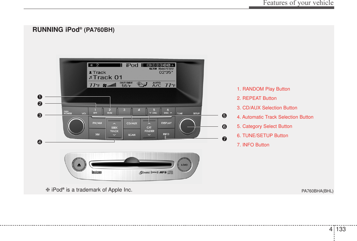 4 133Features of your vehicle1. RANDOM Play Button2. REPEAT Button3. CD/AUX Selection Button4. Automatic Track Selection Button5. Category Select Button6. TUNE/SETUP Button7. INFO ButtonPA760BHA(BHL)RUNNING iPod®(PA760BH)❈iPod®is a trademark of Apple Inc.