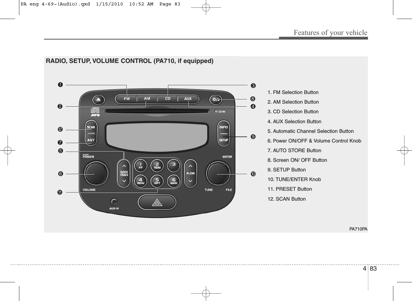 483Features of your vehiclePA710PA1. FM Selection Button2. AM Selection Button3. CD Selection Button4. AUX Selection Button5. Automatic Channel Selection Button6. Power ON/OFF &amp; Volume Control Knob7. AUTO STORE Button8. Screen ON/ OFF Button9. SETUP Button10. TUNE/ENTER Knob11. PRESET Button12. SCAN ButtonRADIO, SETUP, VOLUME CONTROL (PA710, if equipped)PA eng 4-69~(Audio).qxd  1/15/2010  10:52 AM  Page 83