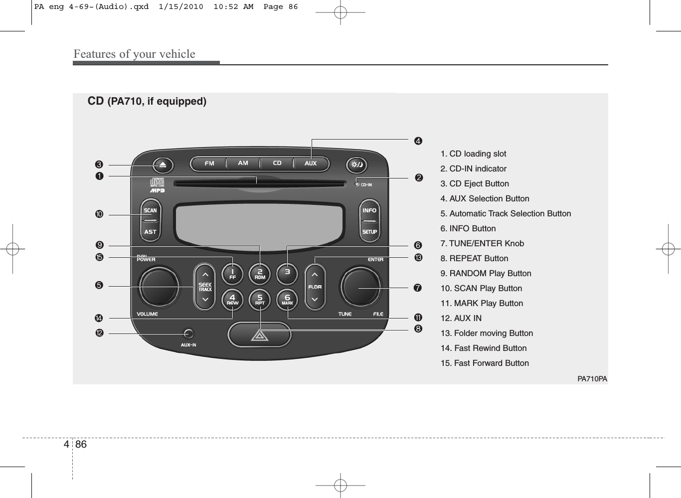 Features of your vehicle8641. CD loading slot2. CD-IN indicator3. CD Eject Button4. AUX Selection Button5. Automatic Track Selection Button6. INFO Button7. TUNE/ENTER Knob8. REPEAT Button9. RANDOM Play Button10. SCAN Play Button11. MARK Play Button12. AUX IN13. Folder moving Button14. Fast Rewind Button15. Fast Forward ButtonPA710PACD (PA710, if equipped)PA eng 4-69~(Audio).qxd  1/15/2010  10:52 AM  Page 86