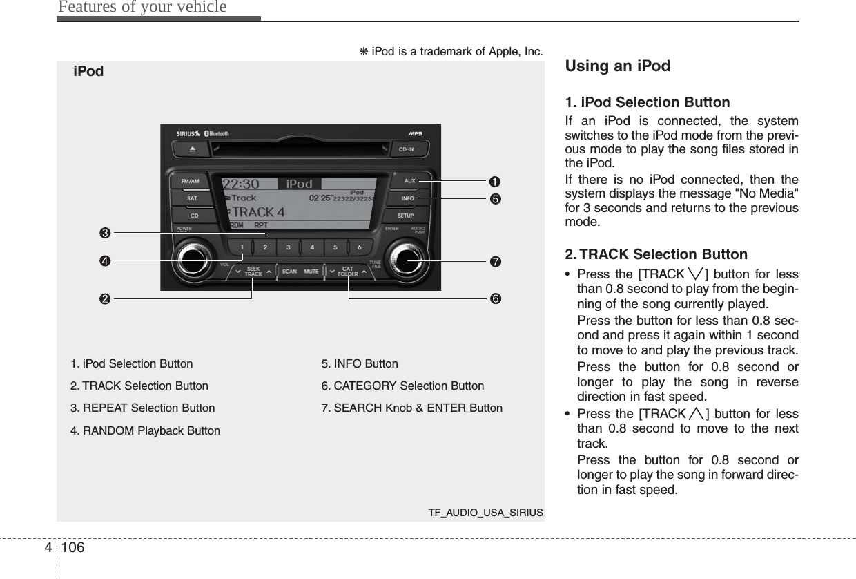 TF_AUDIO_USA_SIRIUSFeatures of your vehicle1064Using an iPod1. iPod Selection ButtonIf an iPod is connected, the systemswitches to the iPod mode from the previ-ous mode to play the song files stored inthe iPod.If there is no iPod connected, then thesystem displays the message &quot;No Media&quot;for 3 seconds and returns to the previousmode.2. TRACK Selection Button• Press the [TRACK ] button for lessthan 0.8 second to play from the begin-ning of the song currently played.Press the button for less than 0.8 sec-ond and press it again within 1 secondto move to and play the previous track.Press the button for 0.8 second orlonger to play the song in reversedirection in fast speed.• Press the [TRACK ] button for lessthan 0.8 second to move to the nexttrack.Press the button for 0.8 second orlonger to play the song in forward direc-tion in fast speed.1. iPod Selection Button2. TRACK Selection Button3. REPEAT Selection Button4. RANDOM Playback Button5. INFO Button6. CATEGORY Selection Button7. SEARCH Knob &amp; ENTER ButtoniPod❋ iPod is a trademark of Apple, Inc.