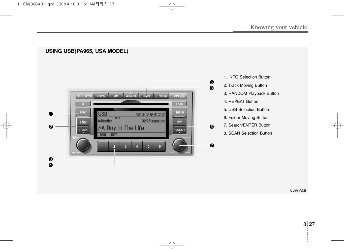 327Knowing your vehicleUSING USB(PA965, USA MODEL)A-350CML1. INFO Selection Button2. Track Moving Button3. RANDOM Playback Button4. REPEAT Button5. USB Selection Button6. Folder Moving Button7. Search/ENTER Button8. SCAN Selection Button