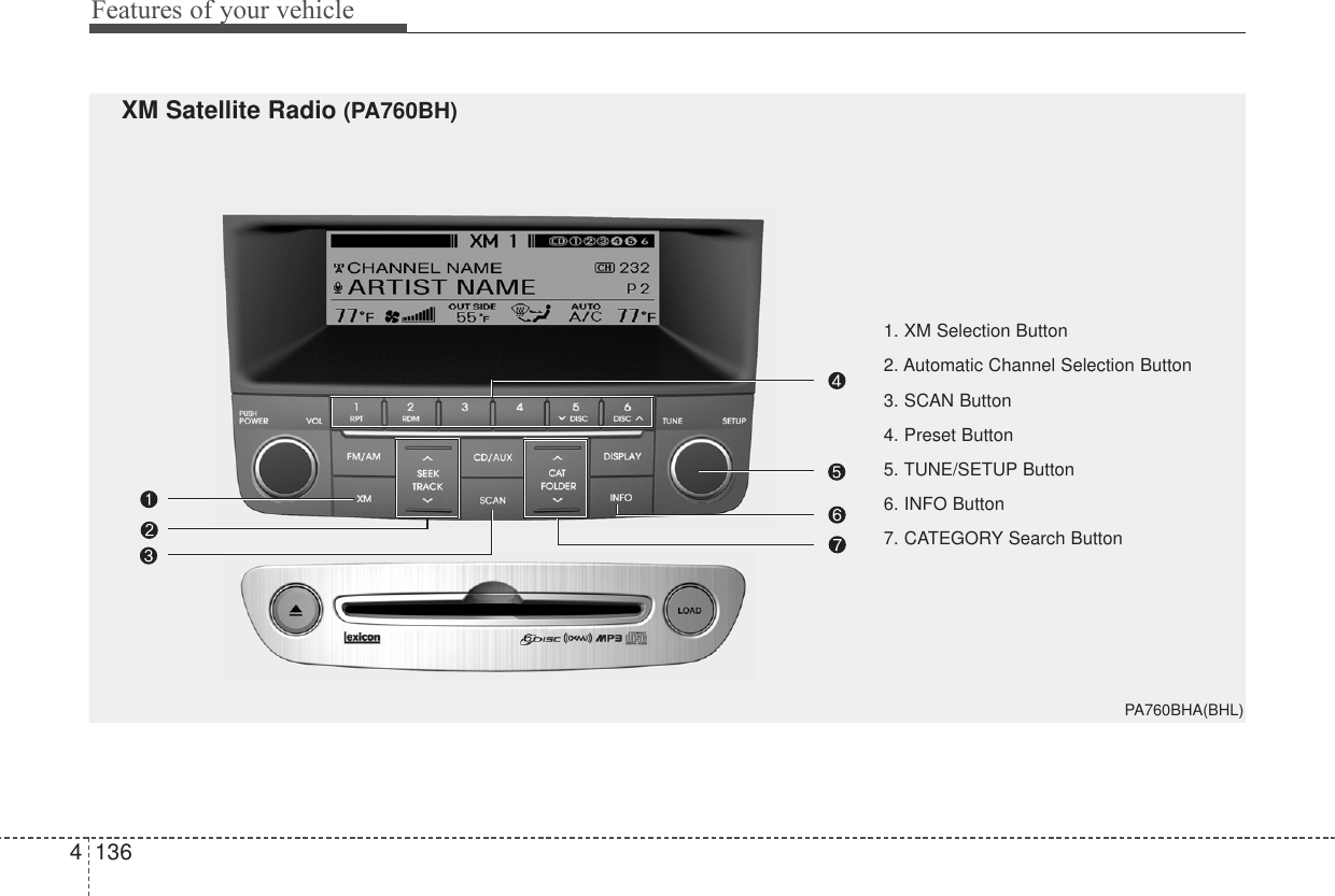 Features of your vehicle13641. XM Selection Button2. Automatic Channel Selection Button3. SCAN Button4. Preset Button5. TUNE/SETUP Button6. INFO Button7. CATEGORY Search ButtonPA760BHA(BHL)XM Satellite Radio (PA760BH)