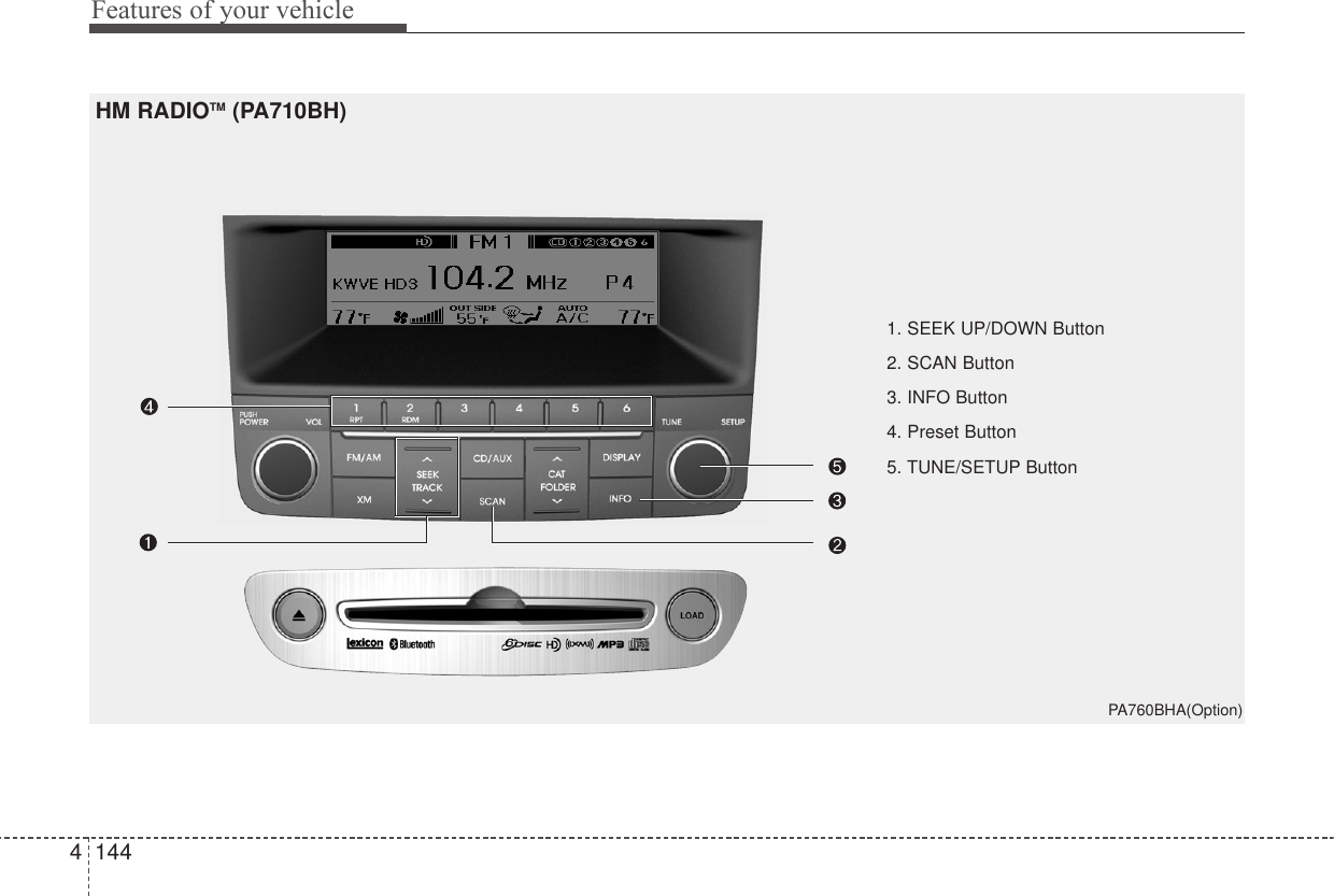 Features of your vehicle1444PA760BHA(Option)1. SEEK UP/DOWN Button2. SCAN Button3. INFO Button4. Preset Button5. TUNE/SETUP ButtonHM RADIOTM (PA710BH)