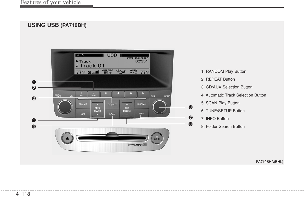 Features of your vehicle11841. RANDOM Play Button2. REPEAT Button3. CD/AUX Selection Button4. Automatic Track Selection Button5. SCAN Play Button6. TUNE/SETUP Button7. INFO Button8. Folder Search ButtonPA710BHA(BHL)USING USB (PA710BH)