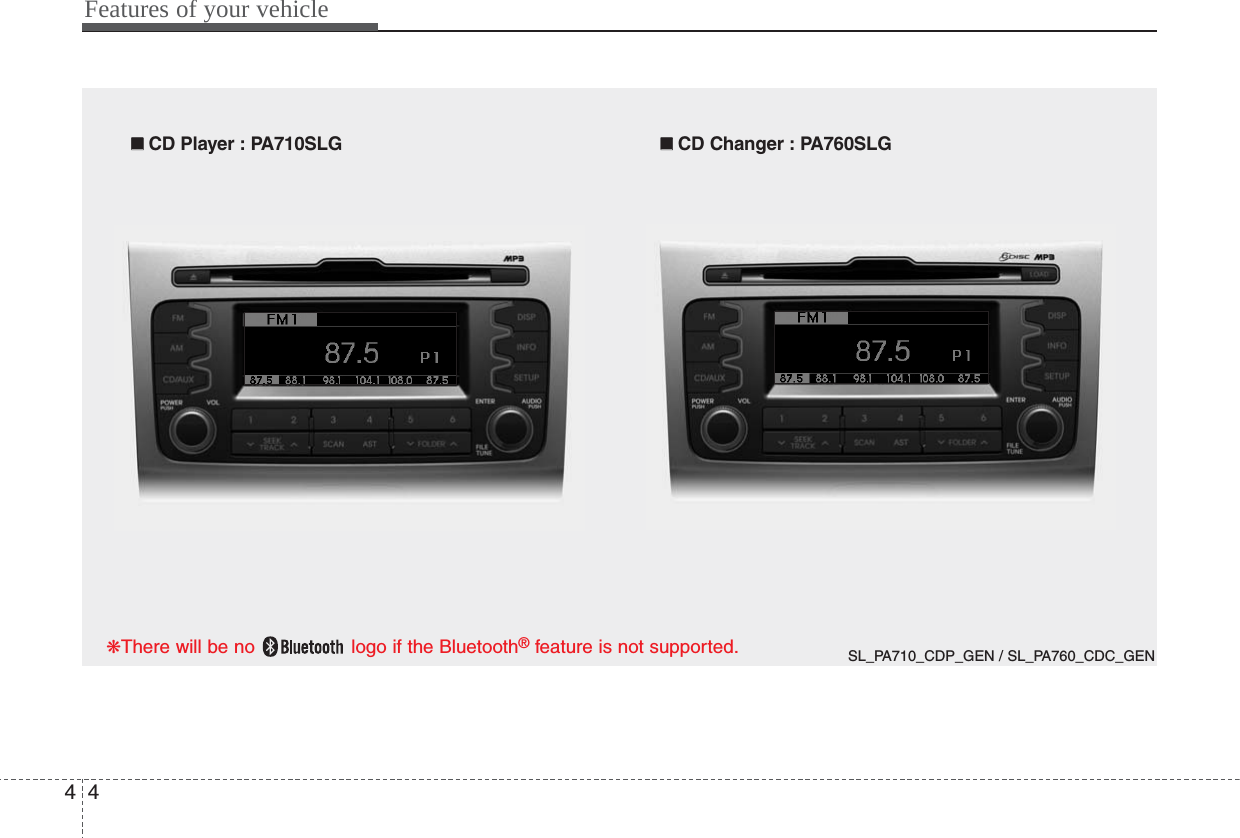 Features of your vehicle44SL_PA710_CDP_GEN / SL_PA760_CDC_GEN■■  CD Player : PA710SLG ■■  CD Changer : PA760SLG❋There will be no  logo if the Bluetooth®feature is not supported.