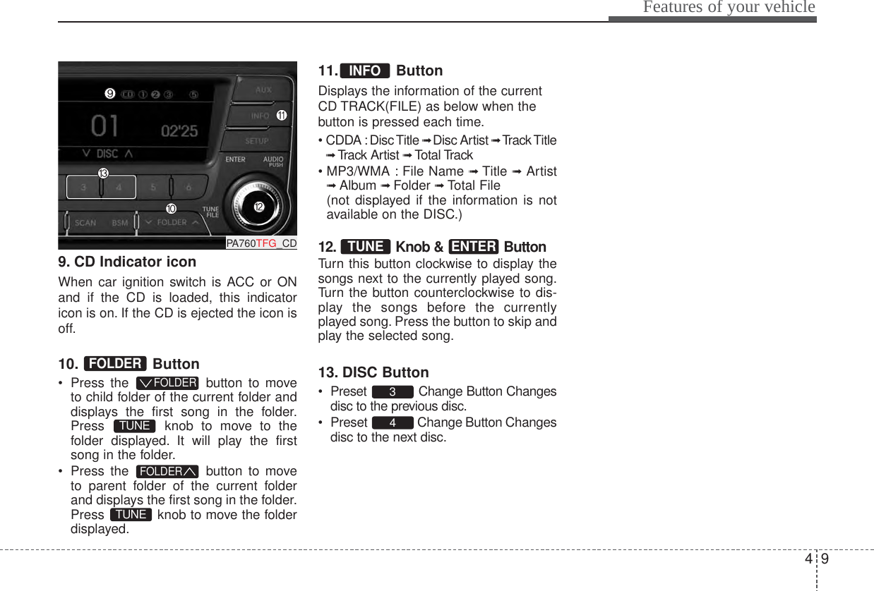 49Features of your vehicle9. CD Indicator icon When car ignition switch is ACC or ONand if the CD is loaded, this indicatoricon is on. If the CD is ejected the icon isoff.10. Button• Press the  button to moveto child folder of the current folder anddisplays the first song in the folder.Press  knob to move to thefolder displayed. It will play the firstsong in the folder.• Press the  button to moveto parent folder of the current folderand displays the first song in the folder.Press  knob to move the folderdisplayed.11. ButtonDisplays the information of the currentCD TRACK(FILE) as below when thebutton is pressed each time.• CDDA : Disc Title ➟ Disc Artist ➟Track Title➟ Track Artist ➟Total Track• MP3/WMA : File Name ➟  Title ➟Artist➟ Album ➟ Folder ➟Total File(not displayed if the information is notavailable on the DISC.)12. Knob &amp;  ButtonTurn this button clockwise to display thesongs next to the currently played song.Turn the button counterclockwise to dis-play the songs before the currentlyplayed song. Press the button to skip andplay the selected song.13. DISC Button• Preset  Change Button Changesdisc to the previous disc.• Preset  Change Button Changesdisc to the next disc.43ENTERTUNEINFOTUNEFOLDERTUNEFOLDERFOLDERPA760TFG_CD