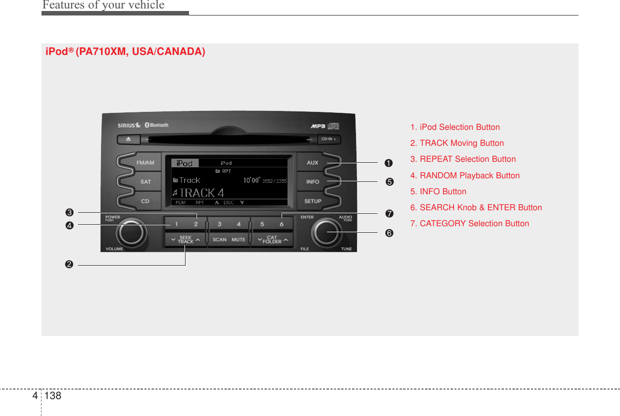 Features of your vehicle13841. iPod Selection Button2. TRACK Moving Button3. REPEAT Selection Button4. RANDOM Playback Button5. INFO Button6. SEARCH Knob &amp; ENTER Button7. CATEGORY Selection ButtoniPod®(PA710XM, USA/CANADA)