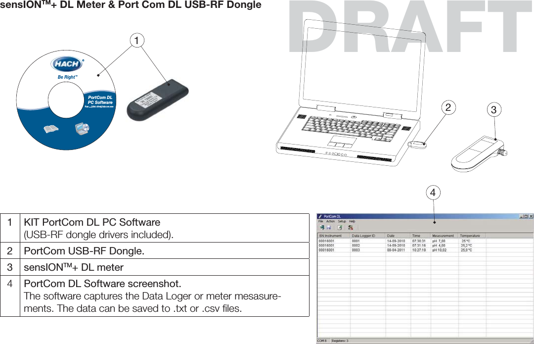 sensIONTM+ DL Meter &amp; Port Com DL USB-RF Dongle DRAFTPortCom DLPC SoftwareRun     [disk drive]:/labcom.exe12341 KIT PortCom DL PC Software  (USB-RF dongle drivers included).2 PortCom USB-RF Dongle.3 sensIONTM+ DL meter4PortCom DL Software screenshot.The software captures the Data Loger or meter mesasure-ments. The data can be saved to .txt or .csv ﬁles.