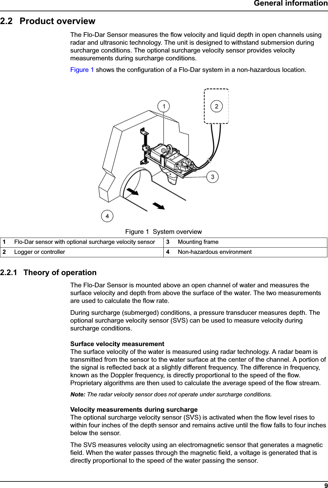 9General information2.2 Product overviewThe Flo-Dar Sensor measures the flow velocity and liquid depth in open channels using radar and ultrasonic technology. The unit is designed to withstand submersion during surcharge conditions. The optional surcharge velocity sensor provides velocity measurements during surcharge conditions. Figure 1 shows the configuration of a Flo-Dar system in a non-hazardous location.2.2.1 Theory of operationThe Flo-Dar Sensor is mounted above an open channel of water and measures the surface velocity and depth from above the surface of the water. The two measurements are used to calculate the flow rate. During surcharge (submerged) conditions, a pressure transducer measures depth. The optional surcharge velocity sensor (SVS) can be used to measure velocity during surcharge conditions. Surface velocity measurementThe surface velocity of the water is measured using radar technology. A radar beam is transmitted from the sensor to the water surface at the center of the channel. A portion of the signal is reflected back at a slightly different frequency. The difference in frequency, known as the Doppler frequency, is directly proportional to the speed of the flow. Proprietary algorithms are then used to calculate the average speed of the flow stream.Note: The radar velocity sensor does not operate under surcharge conditions.Velocity measurements during surchargeThe optional surcharge velocity sensor (SVS) is activated when the flow level rises to within four inches of the depth sensor and remains active until the flow falls to four inches below the sensor. The SVS measures velocity using an electromagnetic sensor that generates a magnetic field. When the water passes through the magnetic field, a voltage is generated that is directly proportional to the speed of the water passing the sensor. Figure 1  System overview1Flo-Dar sensor with optional surcharge velocity sensor 3Mounting frame2Logger or controller 4Non-hazardous environment