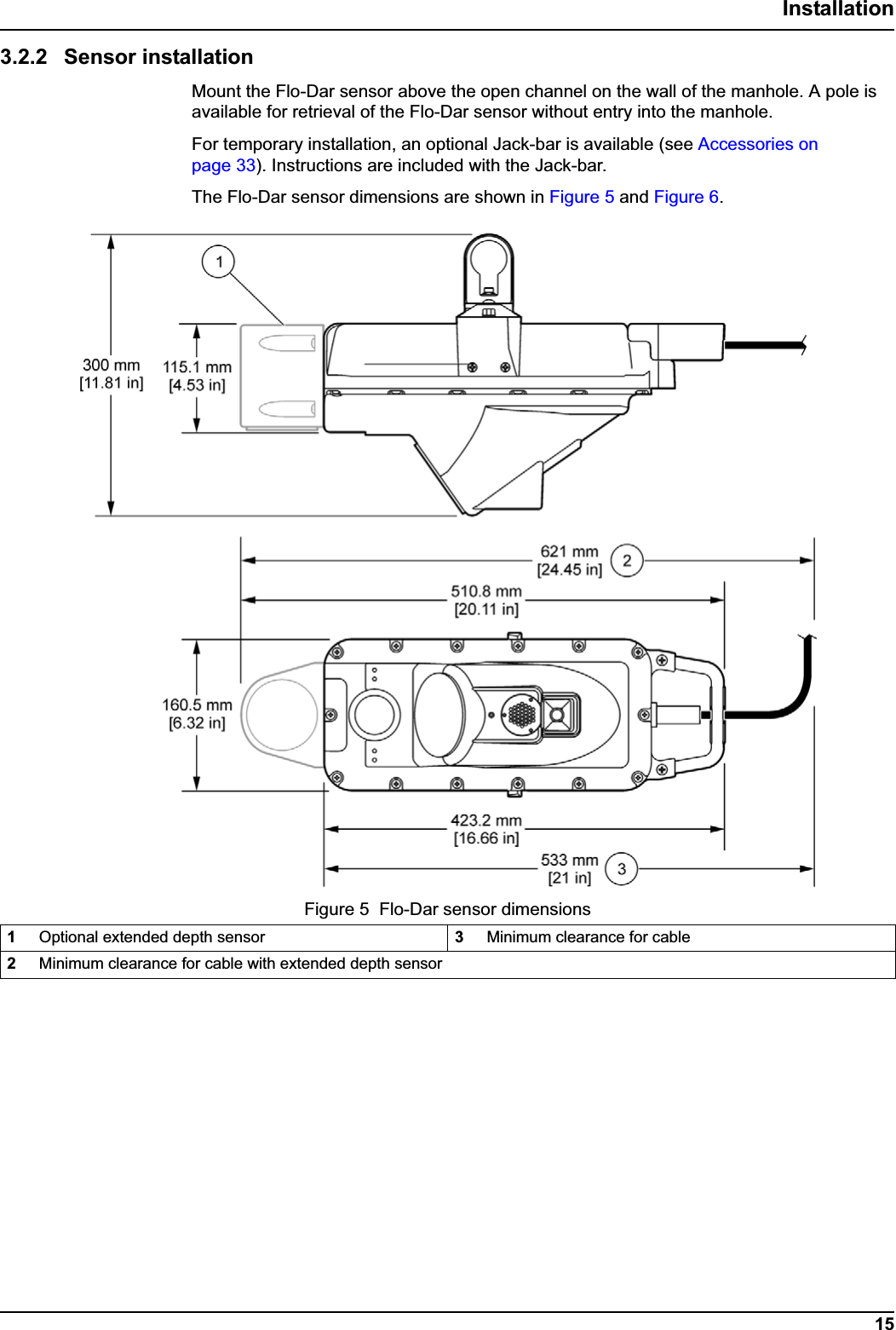 15Installation3.2.2 Sensor installationMount the Flo-Dar sensor above the open channel on the wall of the manhole. A pole is available for retrieval of the Flo-Dar sensor without entry into the manhole. For temporary installation, an optional Jack-bar is available (see Accessories on page 33). Instructions are included with the Jack-bar. The Flo-Dar sensor dimensions are shown in Figure 5 and Figure 6.Figure 5  Flo-Dar sensor dimensions1Optional extended depth sensor 3Minimum clearance for cable 2Minimum clearance for cable with extended depth sensor