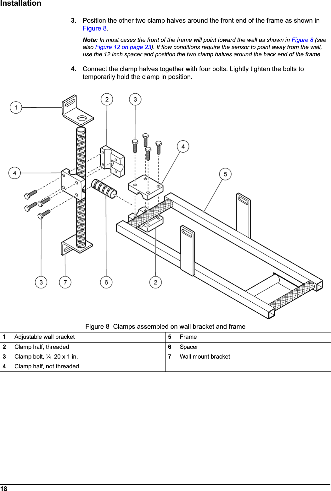 18Installation3. Position the other two clamp halves around the front end of the frame as shown in Figure 8.Note: In most cases the front of the frame will point toward the wall as shown in Figure 8 (see also Figure 12 on page 23). If flow conditions require the sensor to point away from the wall, use the 12 inch spacer and position the two clamp halves around the back end of the frame.4. Connect the clamp halves together with four bolts. Lightly tighten the bolts to temporarily hold the clamp in position.Figure 8  Clamps assembled on wall bracket and frame1Adjustable wall bracket 5Frame2Clamp half, threaded 6Spacer3Clamp bolt, ¼–20 x 1 in.  7Wall mount bracket4Clamp half, not threaded