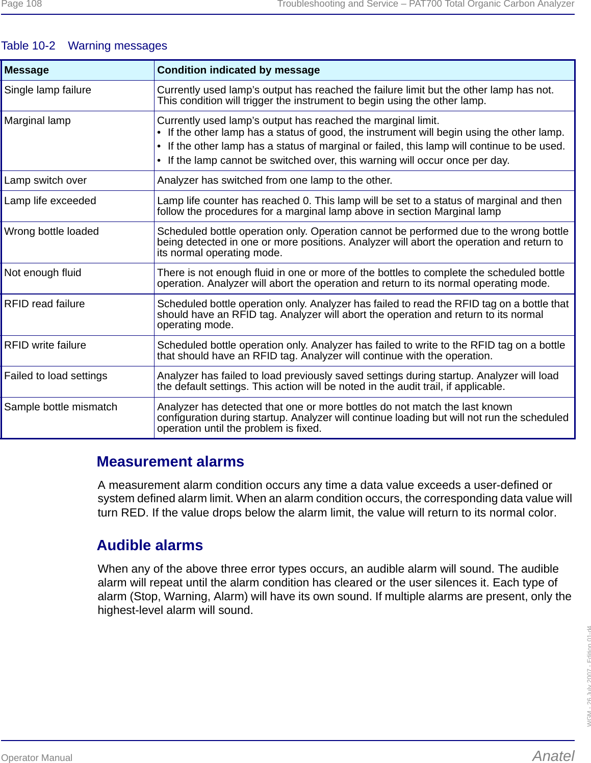 Page 108  Troubleshooting and Service – PAT700 Total Organic Carbon AnalyzerOperator Manual AnatelWGM - 26 July 2007 - Edition 01-d4Measurement alarmsA measurement alarm condition occurs any time a data value exceeds a user-defined or system defined alarm limit. When an alarm condition occurs, the corresponding data value will turn RED. If the value drops below the alarm limit, the value will return to its normal color.Audible alarmsWhen any of the above three error types occurs, an audible alarm will sound. The audible alarm will repeat until the alarm condition has cleared or the user silences it. Each type of alarm (Stop, Warning, Alarm) will have its own sound. If multiple alarms are present, only the highest-level alarm will sound.Table 10-2  Warning messagesMessage Condition indicated by messageSingle lamp failure Currently used lamp’s output has reached the failure limit but the other lamp has not. This condition will trigger the instrument to begin using the other lamp.Marginal lamp Currently used lamp’s output has reached the marginal limit.• If the other lamp has a status of good, the instrument will begin using the other lamp.• If the other lamp has a status of marginal or failed, this lamp will continue to be used.• If the lamp cannot be switched over, this warning will occur once per day.Lamp switch over Analyzer has switched from one lamp to the other.Lamp life exceeded Lamp life counter has reached 0. This lamp will be set to a status of marginal and then follow the procedures for a marginal lamp above in section Marginal lampWrong bottle loaded Scheduled bottle operation only. Operation cannot be performed due to the wrong bottle being detected in one or more positions. Analyzer will abort the operation and return to its normal operating mode.Not enough fluid There is not enough fluid in one or more of the bottles to complete the scheduled bottle operation. Analyzer will abort the operation and return to its normal operating mode.RFID read failure Scheduled bottle operation only. Analyzer has failed to read the RFID tag on a bottle that should have an RFID tag. Analyzer will abort the operation and return to its normal operating mode.RFID write failure Scheduled bottle operation only. Analyzer has failed to write to the RFID tag on a bottle that should have an RFID tag. Analyzer will continue with the operation.Failed to load settings Analyzer has failed to load previously saved settings during startup. Analyzer will load the default settings. This action will be noted in the audit trail, if applicable.Sample bottle mismatch Analyzer has detected that one or more bottles do not match the last known configuration during startup. Analyzer will continue loading but will not run the scheduled operation until the problem is fixed.