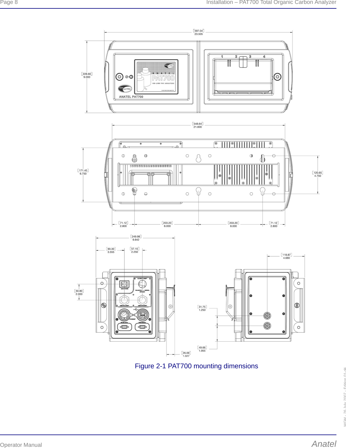 Page 8  Installation – PAT700 Total Organic Carbon AnalyzerOperator Manual AnatelWGM - 26 July 2007 - Edition 01-d4Figure 2-1 PAT700 mounting dimensions