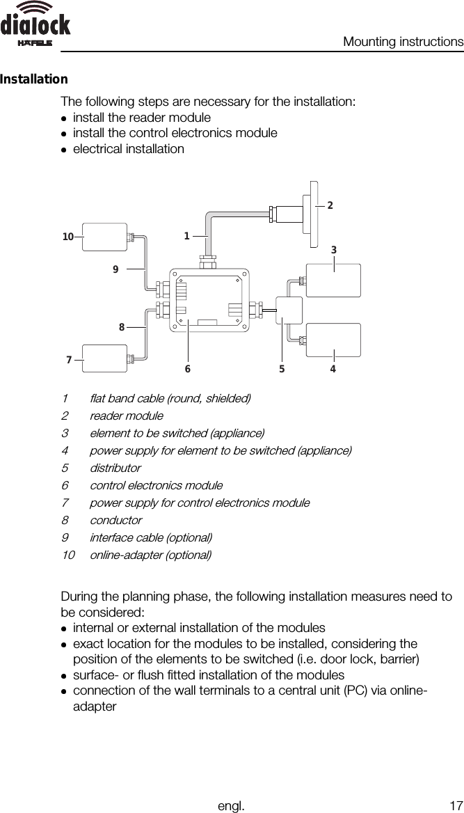 Mounting instructionsengl. 17InstallationThe following steps are necessary for the installation:install the reader moduleinstall the control electronics moduleelectrical installation6 5 4310789121 flat band cable (round, shielded)2 reader module3 element to be switched (appliance)4 power supply for element to be switched (appliance)5 distributor6 control electronics module7 power supply for control electronics module8 conductor9 interface cable (optional)10 online-adapter (optional)During the planning phase, the following installation measures need tobe considered:internal or external installation of the modulesexact location for the modules to be installed, considering theposition of the elements to be switched (i.e. door lock, barrier)surface- or flush fitted installation of the modulesconnection of the wall terminals to a central unit (PC) via online-adapter