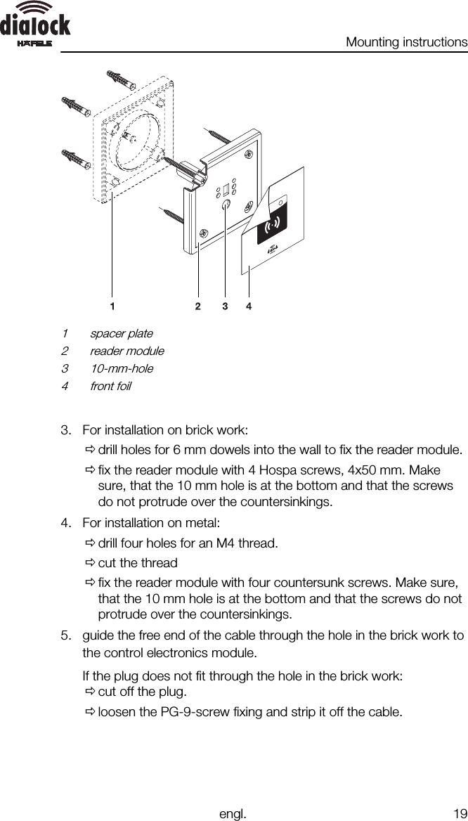 Mounting instructionsengl. 191 spacer plate2 reader module3 10-mm-hole4 front foil3. For installation on brick work:Ødrill holes for 6 mm dowels into the wall to fix the reader module.Øfix the reader module with 4 Hospa screws, 4x50 mm. Makesure, that the 10 mm hole is at the bottom and that the screwsdo not protrude over the countersinkings.4. For installation on metal:Ødrill four holes for an M4 thread.Øcut the threadØfix the reader module with four countersunk screws. Make sure,that the 10 mm hole is at the bottom and that the screws do notprotrude over the countersinkings.5. guide the free end of the cable through the hole in the brick work tothe control electronics module.If the plug does not fit through the hole in the brick work:Øcut off the plug.Øloosen the PG-9-screw fixing and strip it off the cable.