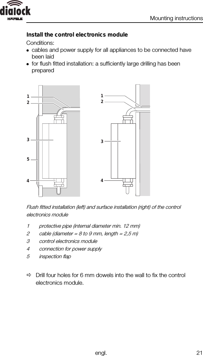 Mounting instructionsengl. 21Install the control electronics moduleConditions:cables and power supply for all appliances to be connected havebeen laidfor flush fitted installation: a sufficiently large drilling has beenprepared123434251Flush fitted installation (left) and surface installation (right) of the controlelectronics module1 protective pipe (internal diameter min. 12 mm)2 cable (diameter = 8 to 9 mm, length = 2,5 m)3 control electronics module4 connection for power supply5 inspection flapØDrill four holes for 6 mm dowels into the wall to fix the controlelectronics module.