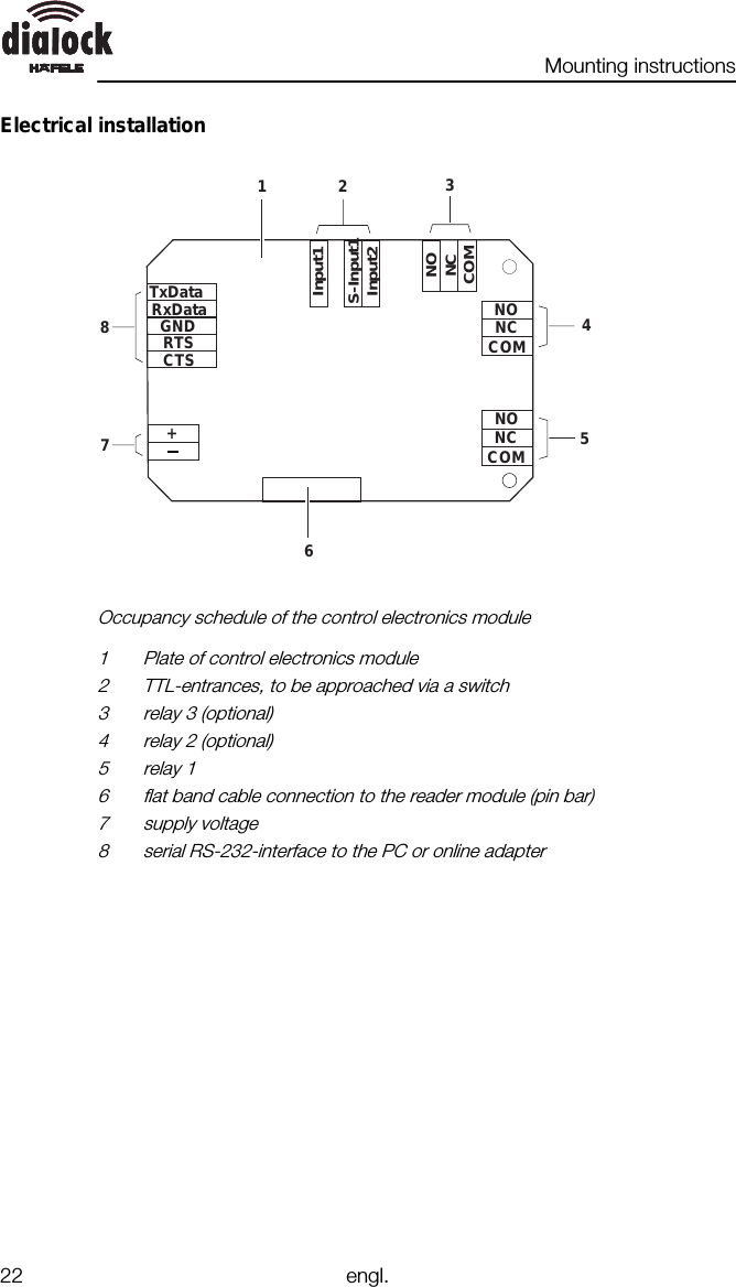 Mounting instructions22 engl.Electrical installation24+RxDataTxDataGNDRTSCTSNONCCOMNONOCOMCOM78Input1Input2S-Input1635NCNC1Occupancy schedule of the control electronics module1 Plate of control electronics module2 TTL-entrances, to be approached via a switch3 relay 3 (optional)4 relay 2 (optional)5 relay 16 flat band cable connection to the reader module (pin bar)7 supply voltage8 serial RS-232-interface to the PC or online adapter