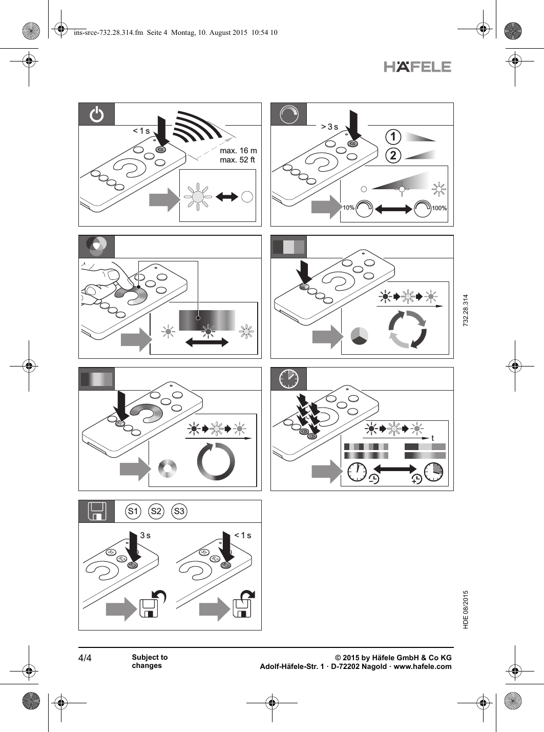 4/4 © 2015 by Häfele GmbH &amp; Co KGAdolf-Häfele-Str. 1 · D-72202 Nagold · www.hafele.comSubject to changesHDE 08/2015  732.28.314100%10%&gt; 3 s12max. 16 mmax. 52 ft&lt; 1 stS1 S2 S33 s &lt; 1 sins-srce-732.28.314.fm  Seite 4  Montag, 10. August 2015  10:54 10