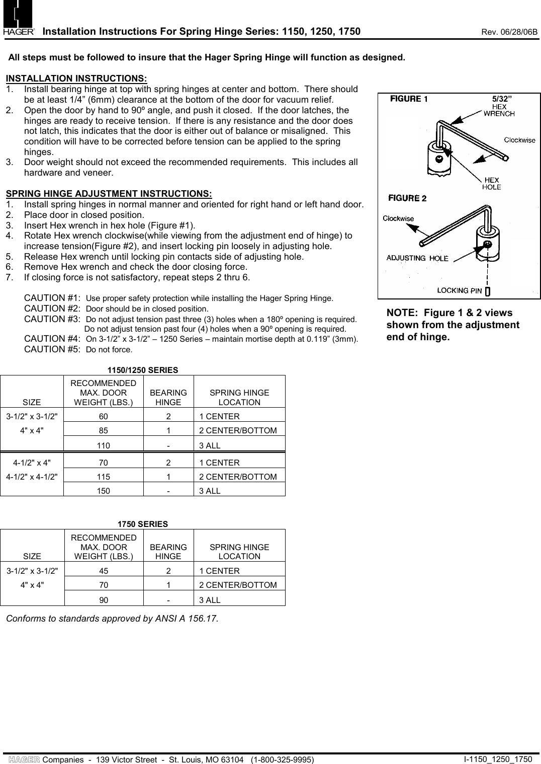 Page 1 of 1 - Hager - I-1150_1250_1750 RevB Installation Instructions For Spring Hinge Series: 1150, 1250, 1750 I-1150 1250 1750-installation